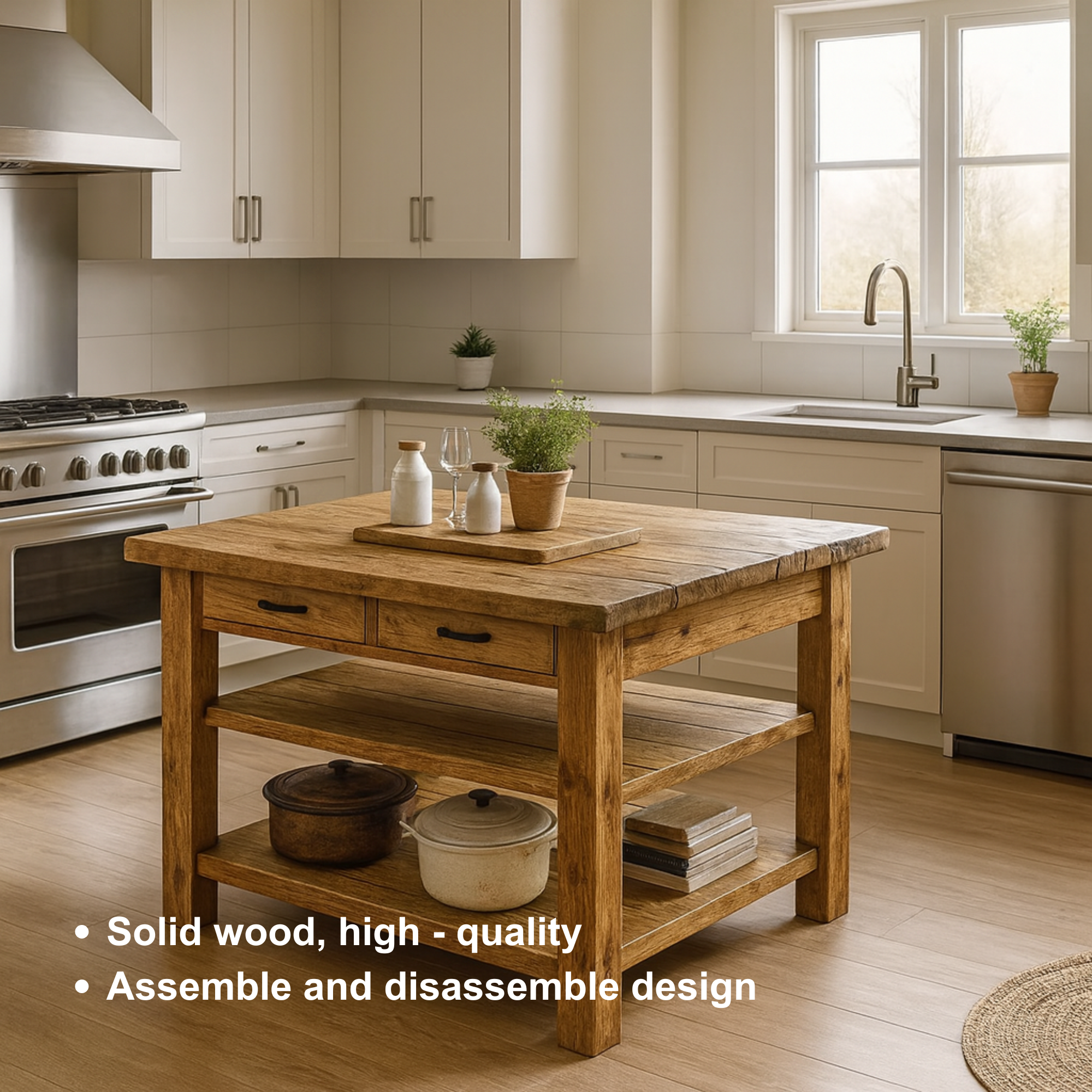 Live Edge Solid Wood Kitchen Island with Drawers - Rustic Farmhouse Butcher Block Prep Table