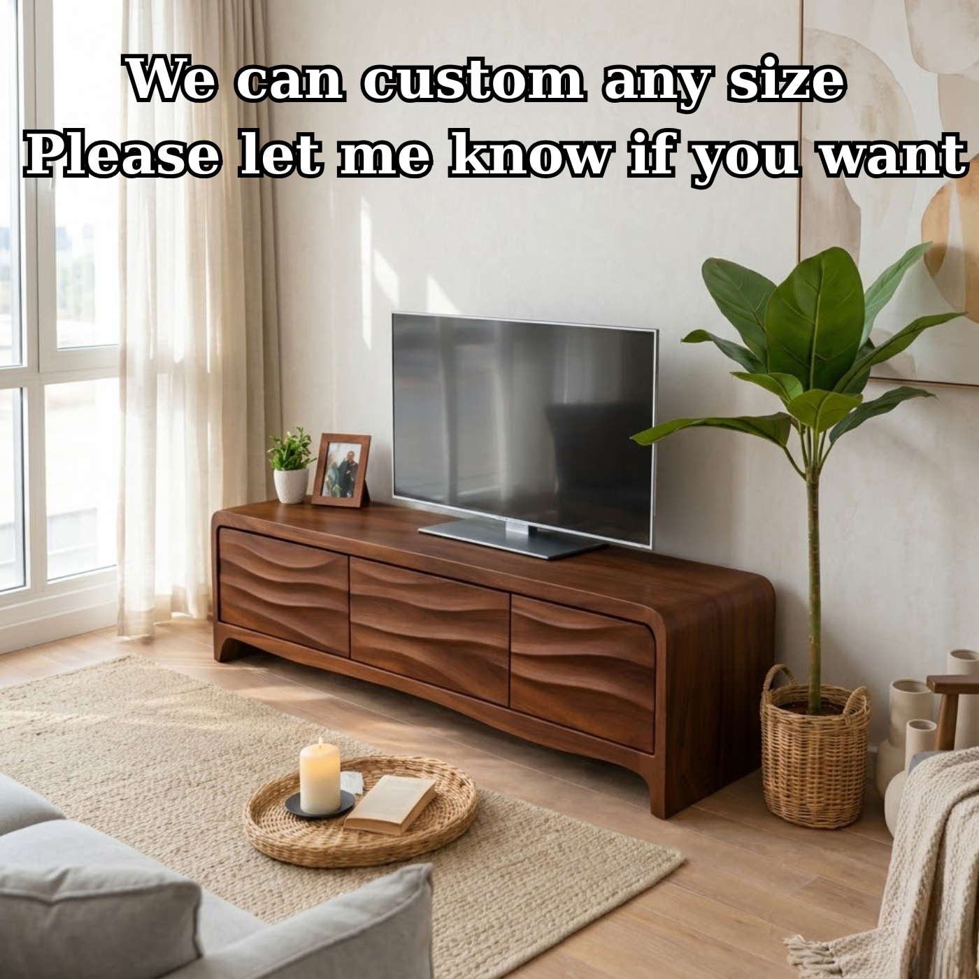 Solid Wood TV Stand with Wave Front Drawers for Modern Living Spaces
