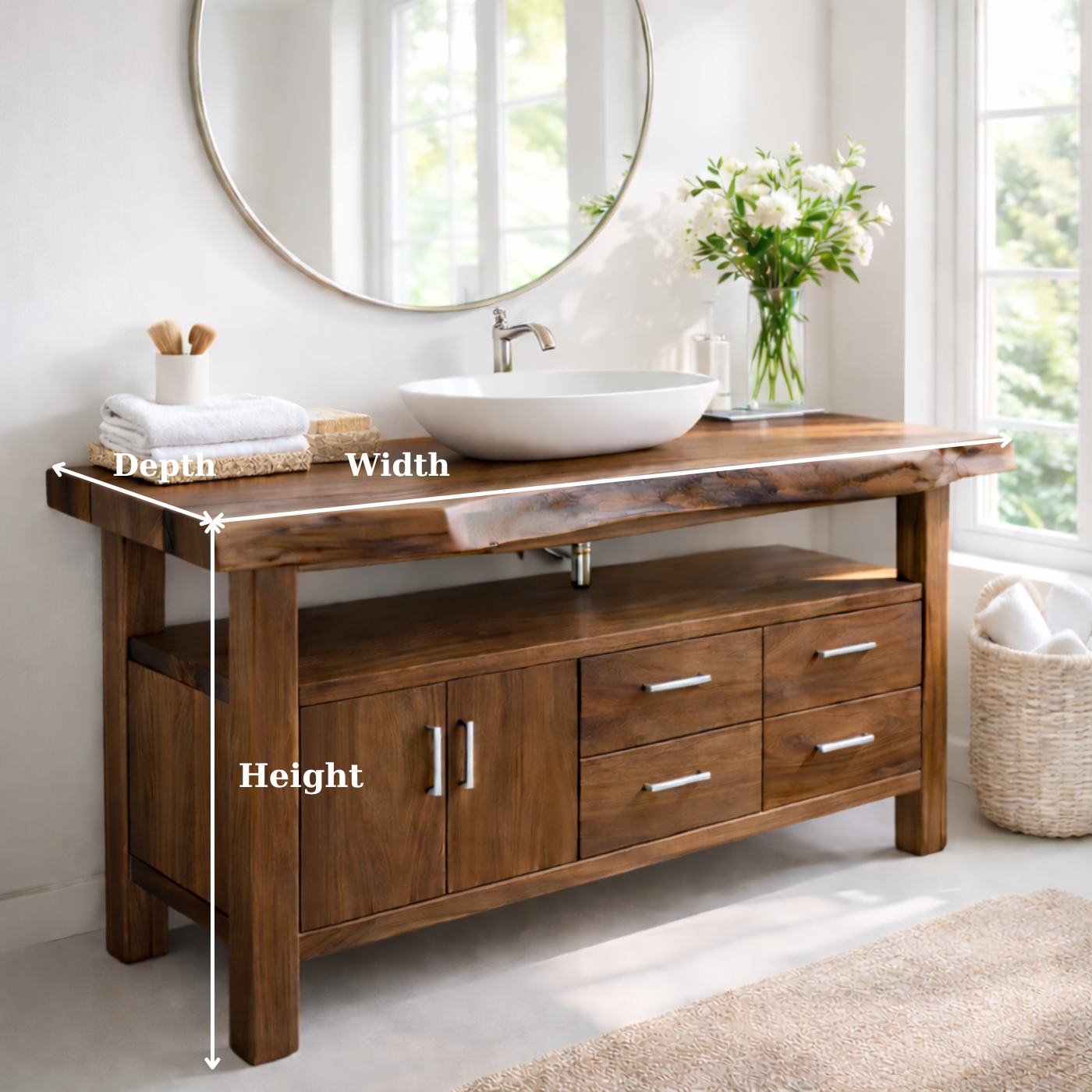 Live Edge Solid Wood Bathroom Vanity with Double Cabinet Doors, Four Drawers and Open Shelf