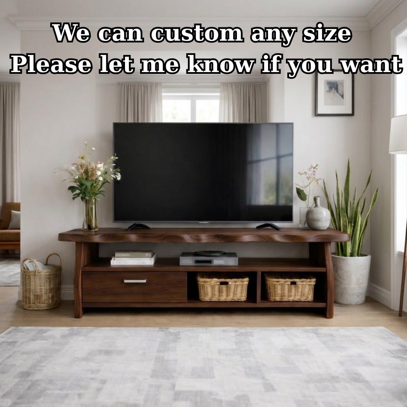 Mid-Century Solid Wood TV Stand with Drawer and Open Storage Shelves