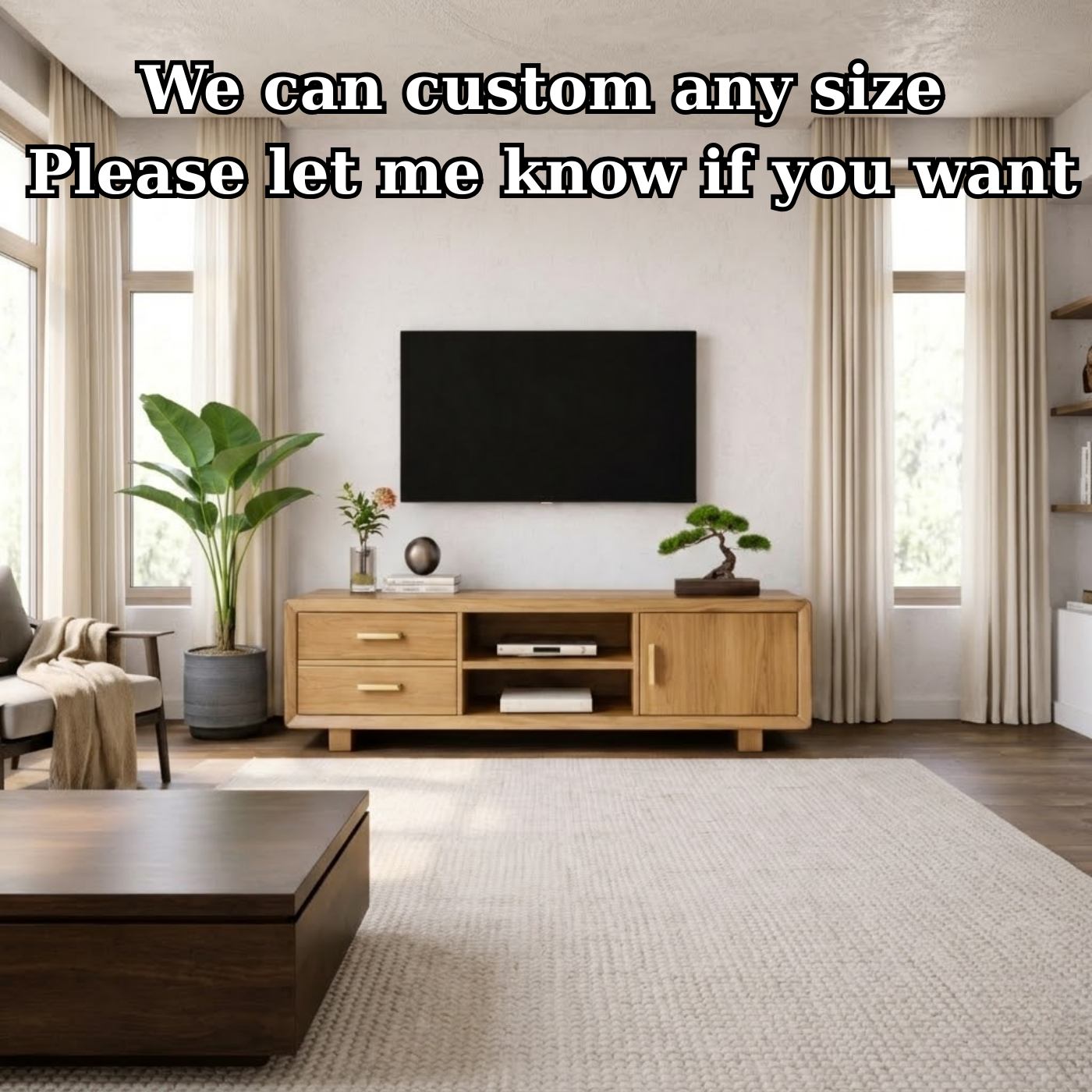 Modern Soild Wood TV Stand with Drawers, Cabinet Door, and Open Media Shelves