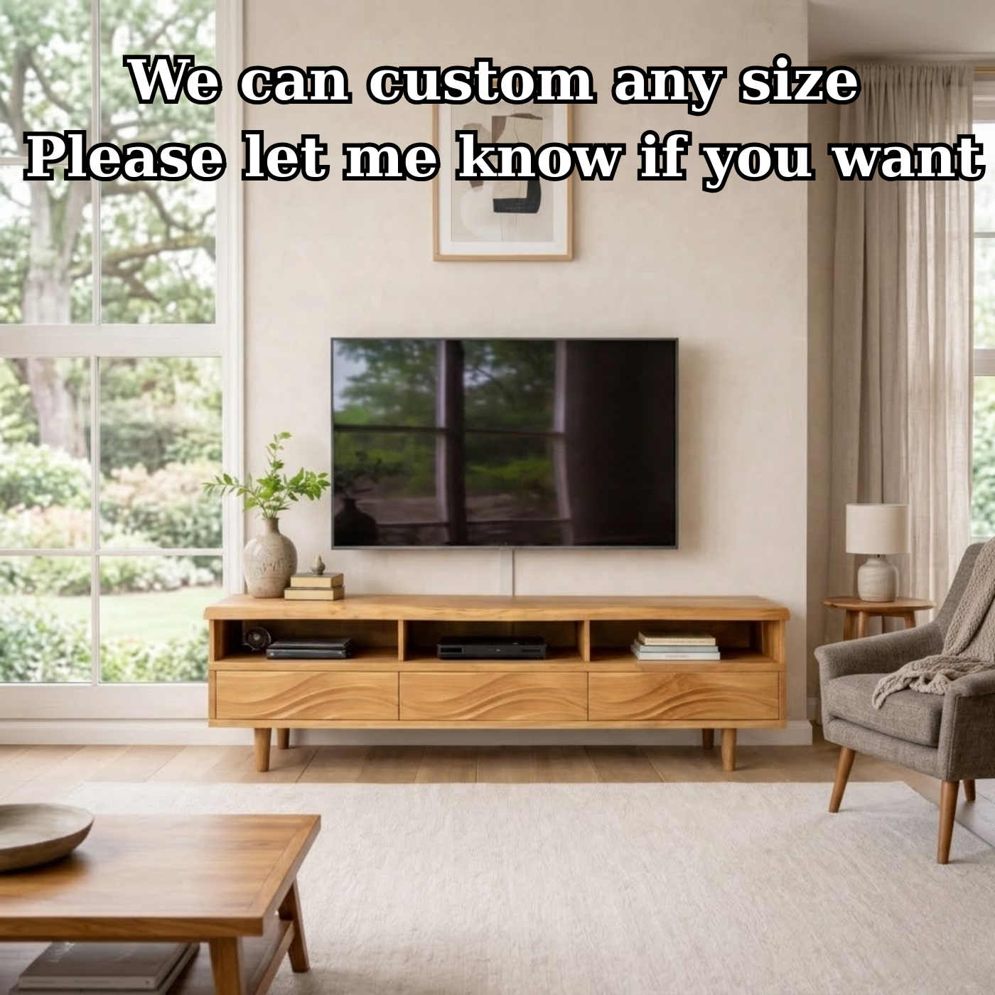 Modern Solid Wood TV Stand with Wave Drawer Fronts and Open Media Shelves