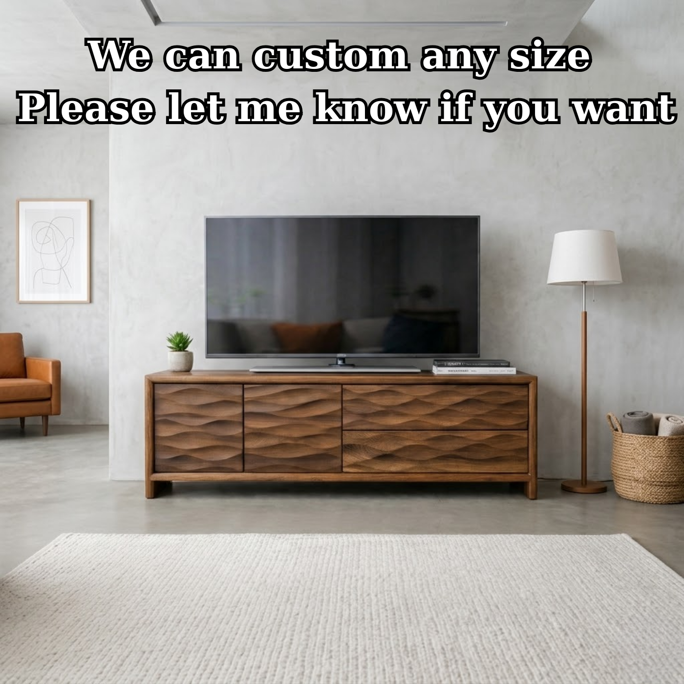 Modern Soild Wood TV Stand with Textured Wave Cabinet Doors and Storage Drawers