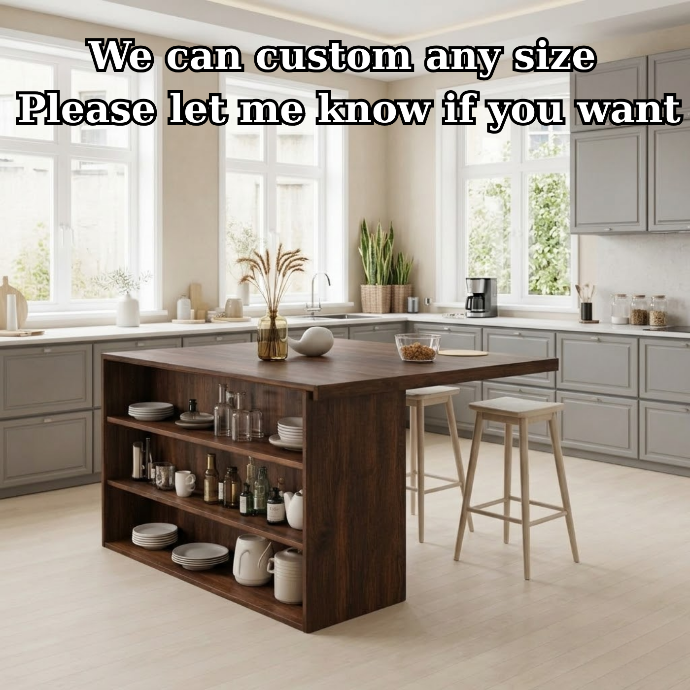 Modern Solid Wood Kitchen Island with Open Storage Shelves, Walnut Kitchen Bar Table