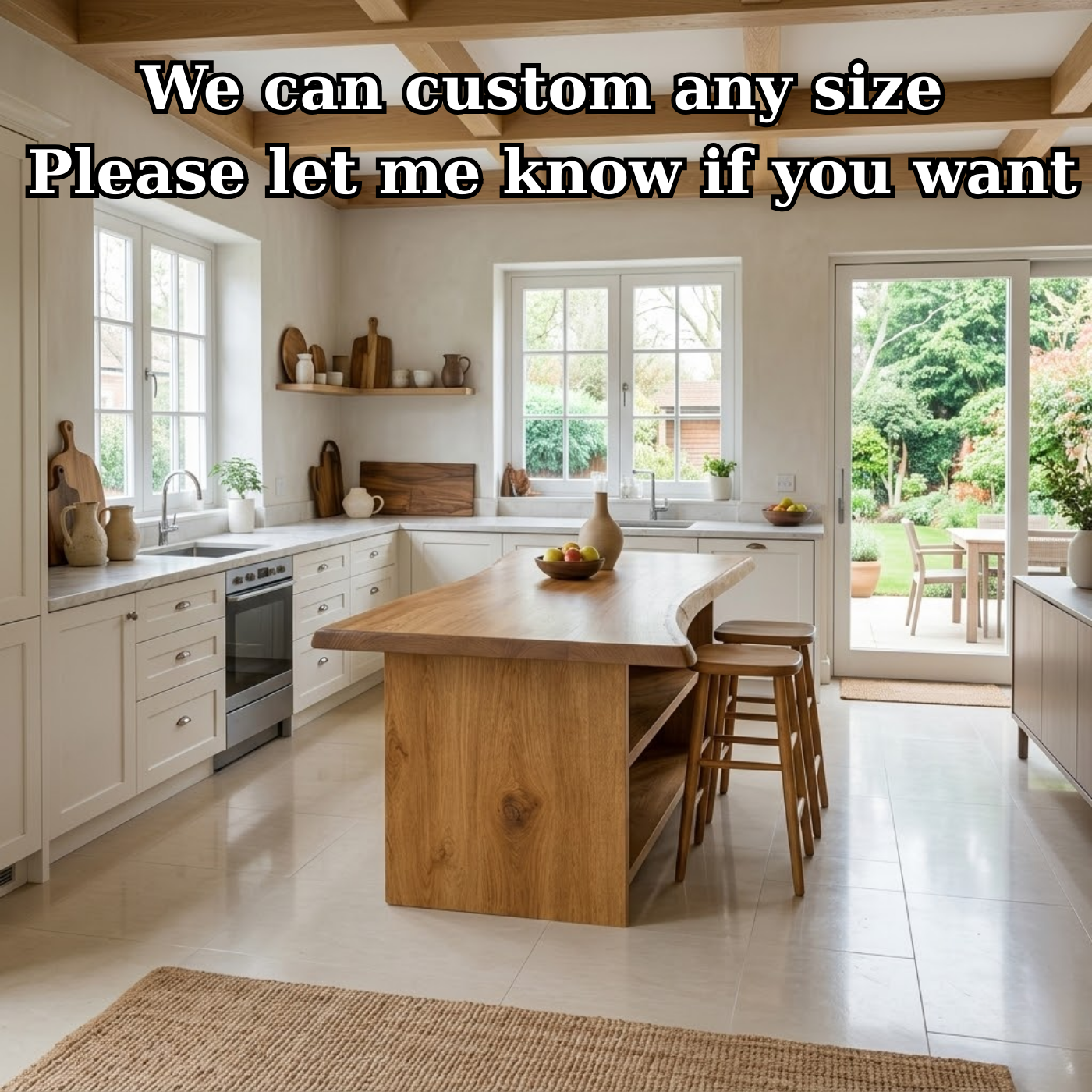 Live Edge Solid Wood Kitchen Island with Open Shelf Storage and Seating Bar Table
