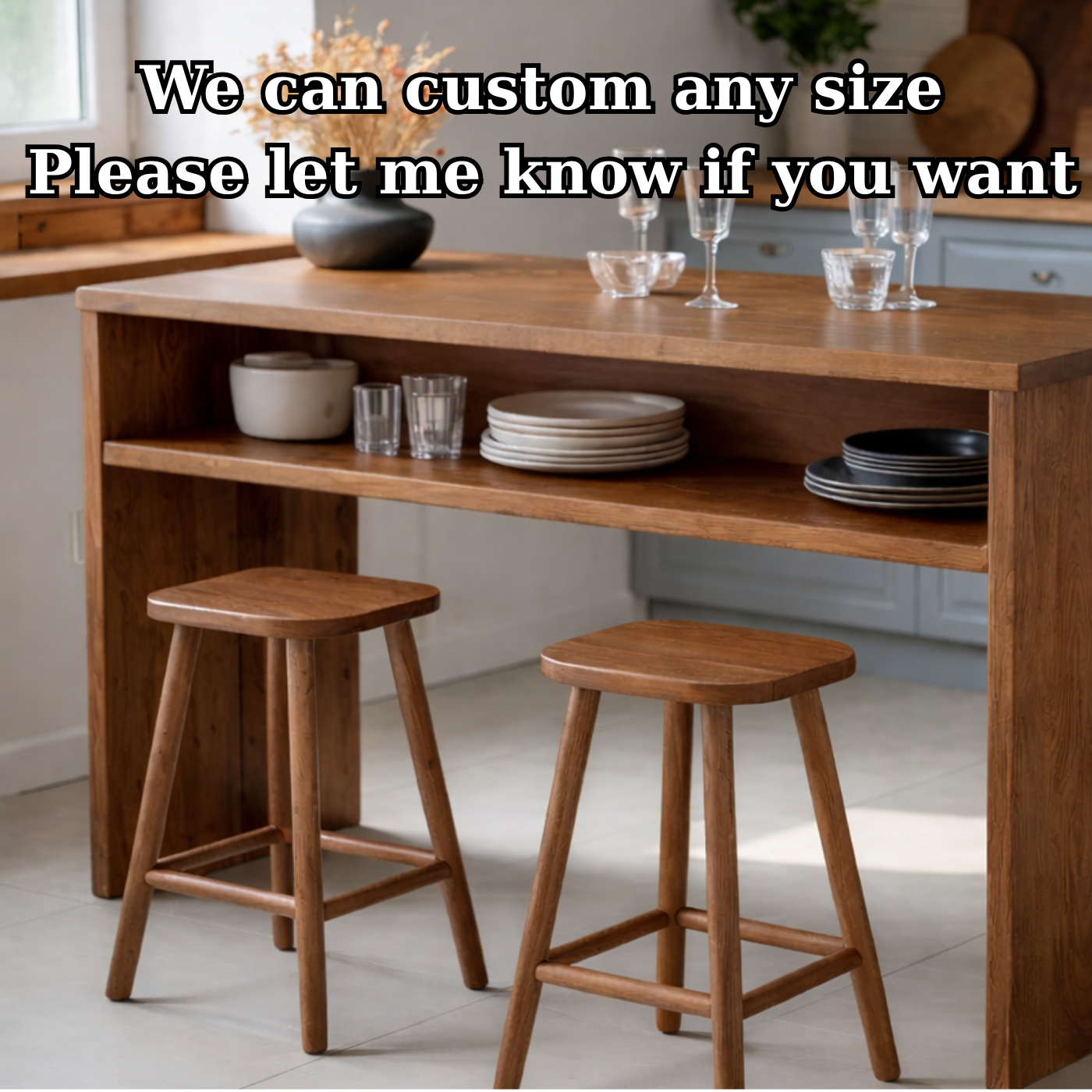 Modern Solid Wood Kitchen Island with Open Shelf Storage and Breakfast Bar Table