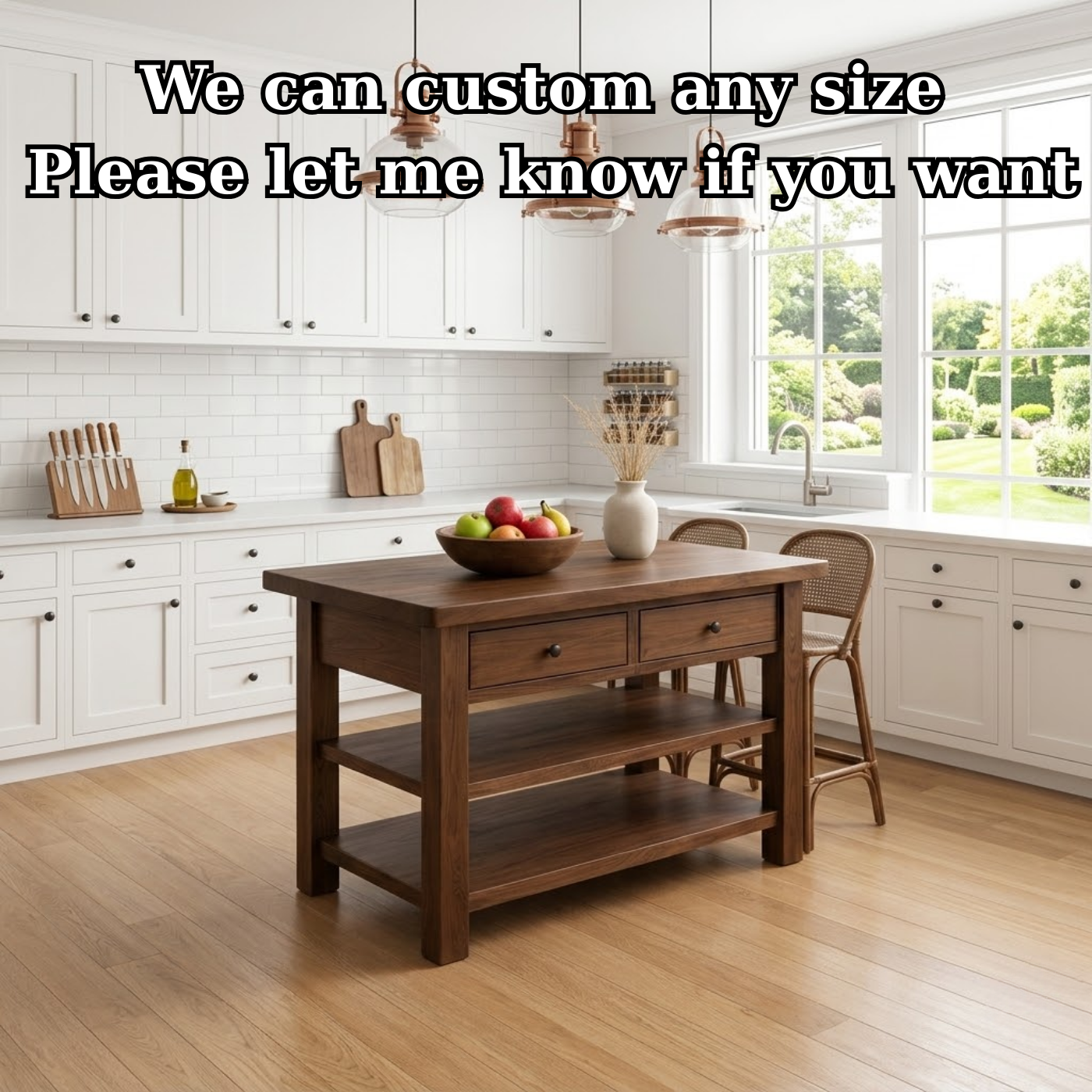Solid Walnut Kitchen Island Table with Drawers and Shelves, Wooden Kitchen Prep Station