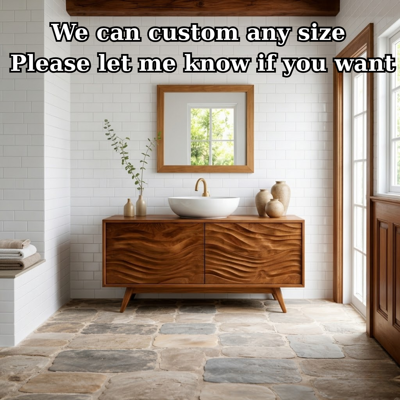 Solid Wood Bathroom Vanity with Wavy Surface Design and Storage Cabinet