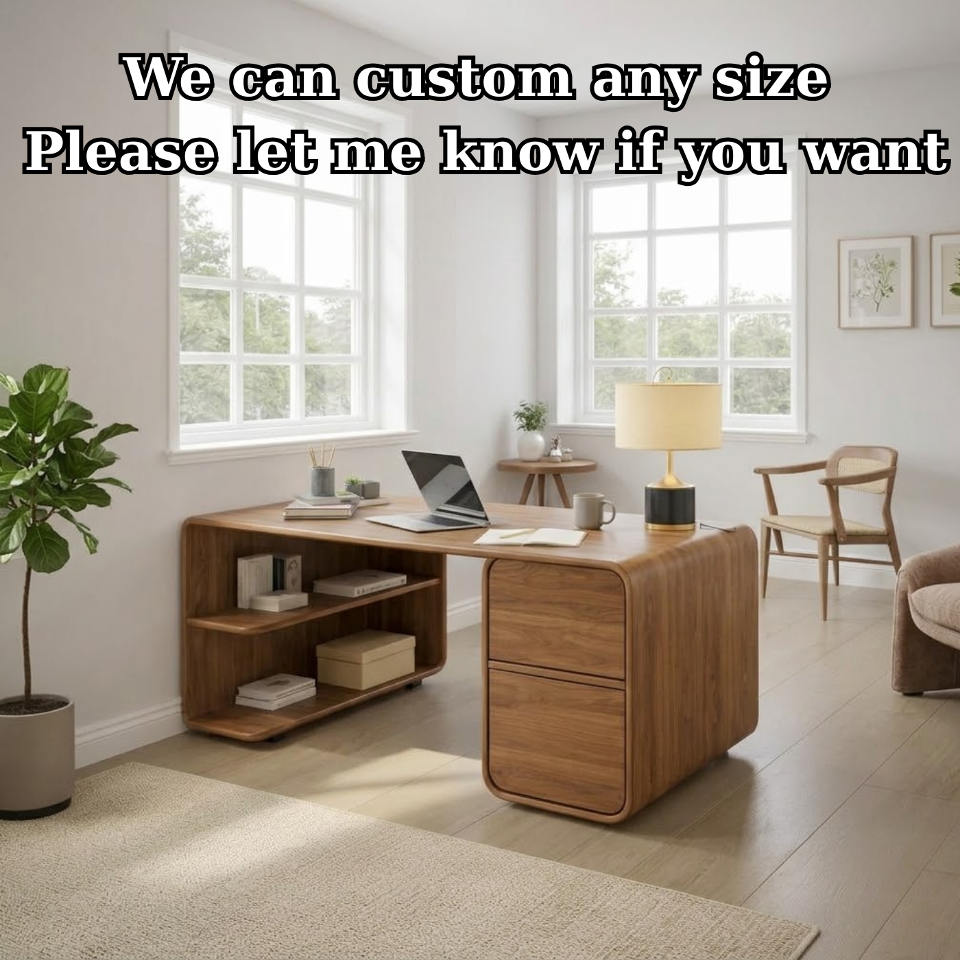 Modern L-Shaped Solid Wood Desk with Curved Silhouette and Integrated Storage