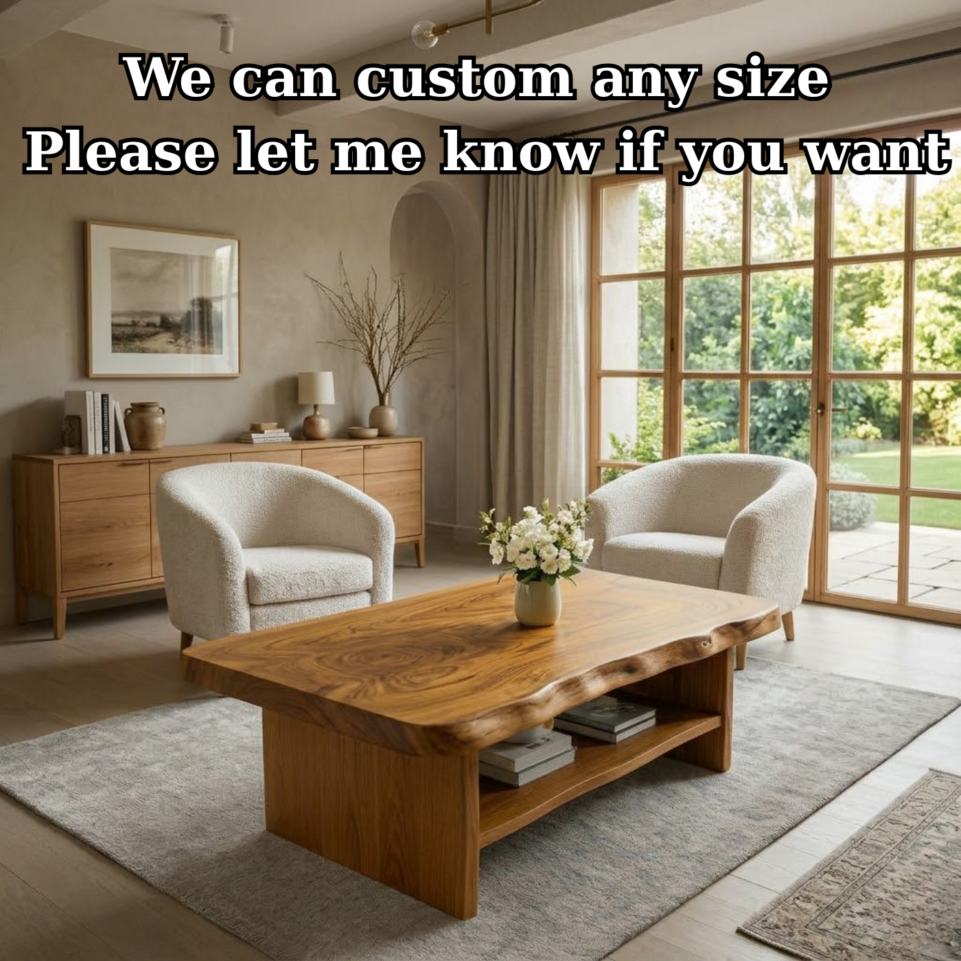 Solid Wood Coffee Table for Living Room with Live Edge Top and Storage Shelf