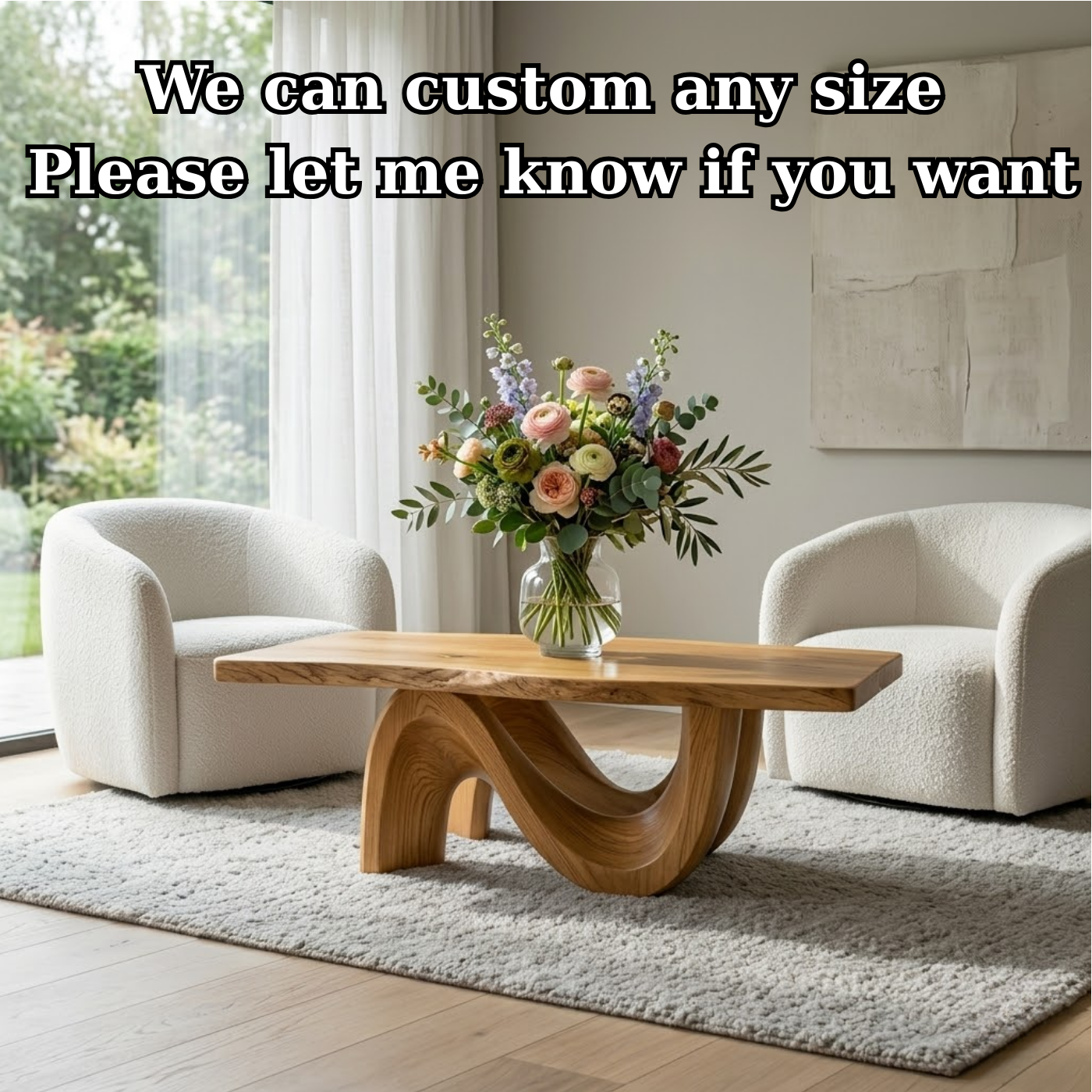 Solid Wood Coffee Table for Modern Living Room with Sculptural Curved Base