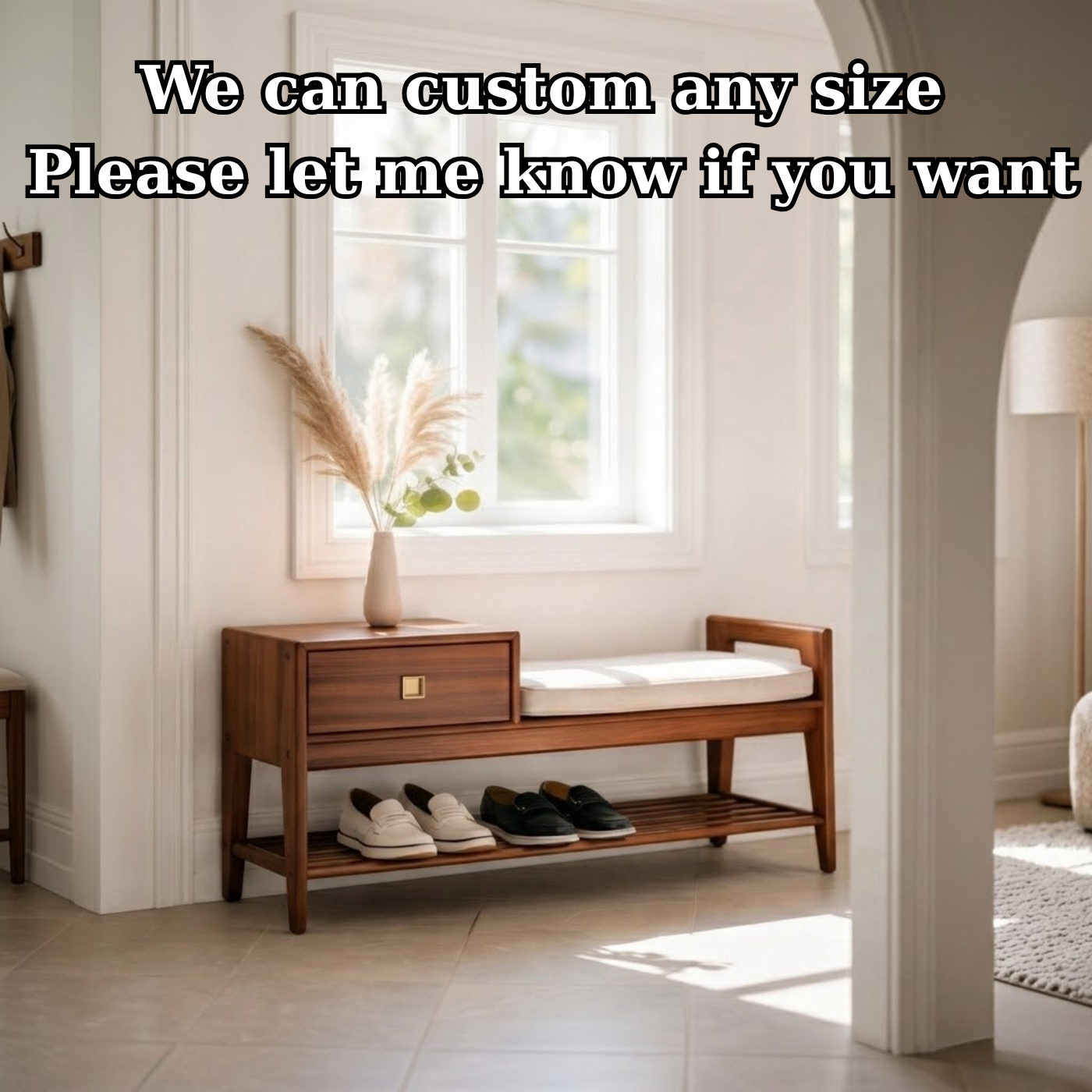 Solid Wood Entryway Bench with Drawer, Cushion Seat & Shoe Shelf – Mid-Century Shoe Storage Bench