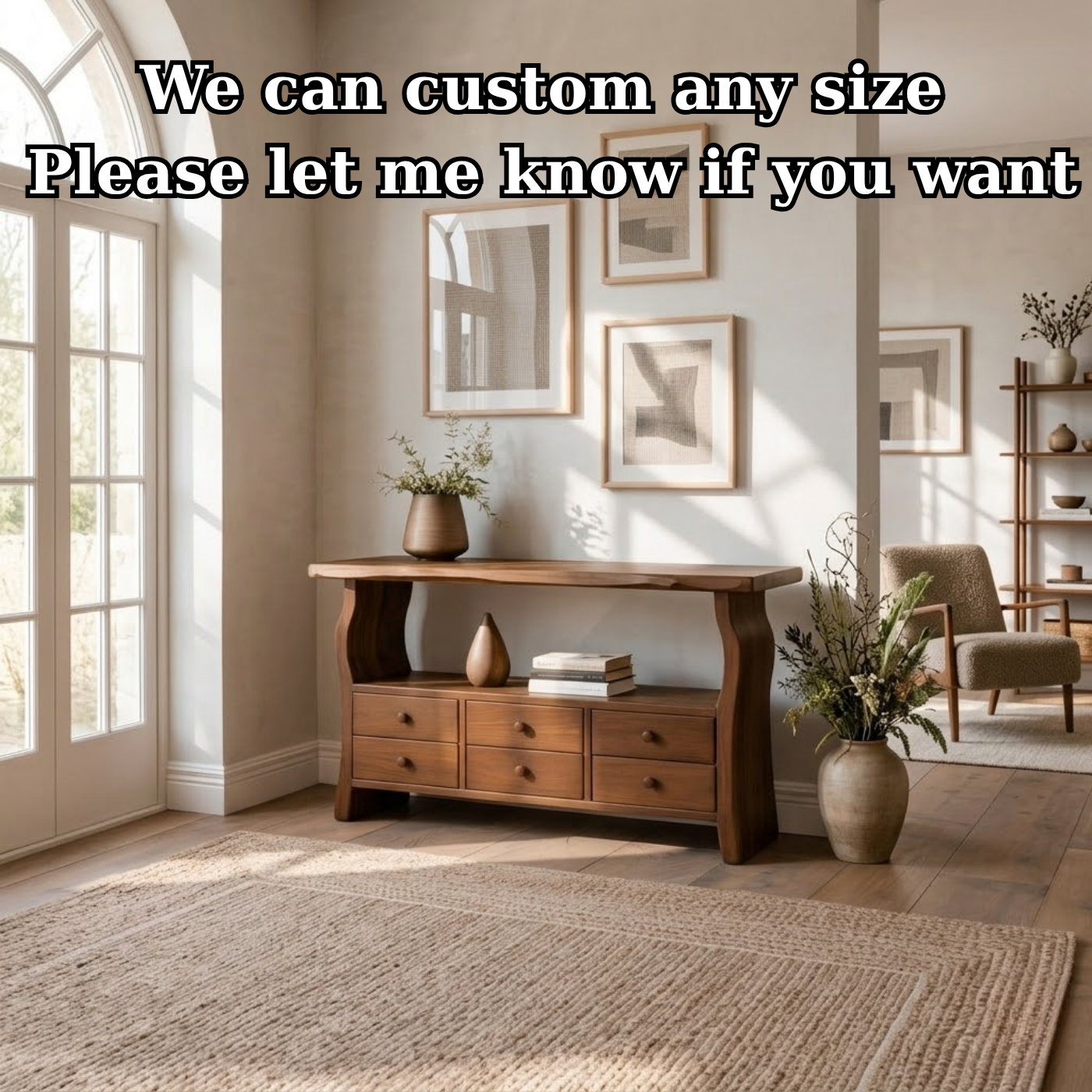 Solid Wood Console Table with 6 Drawers & Display Shelf – Live Edge Entryway Storage Console