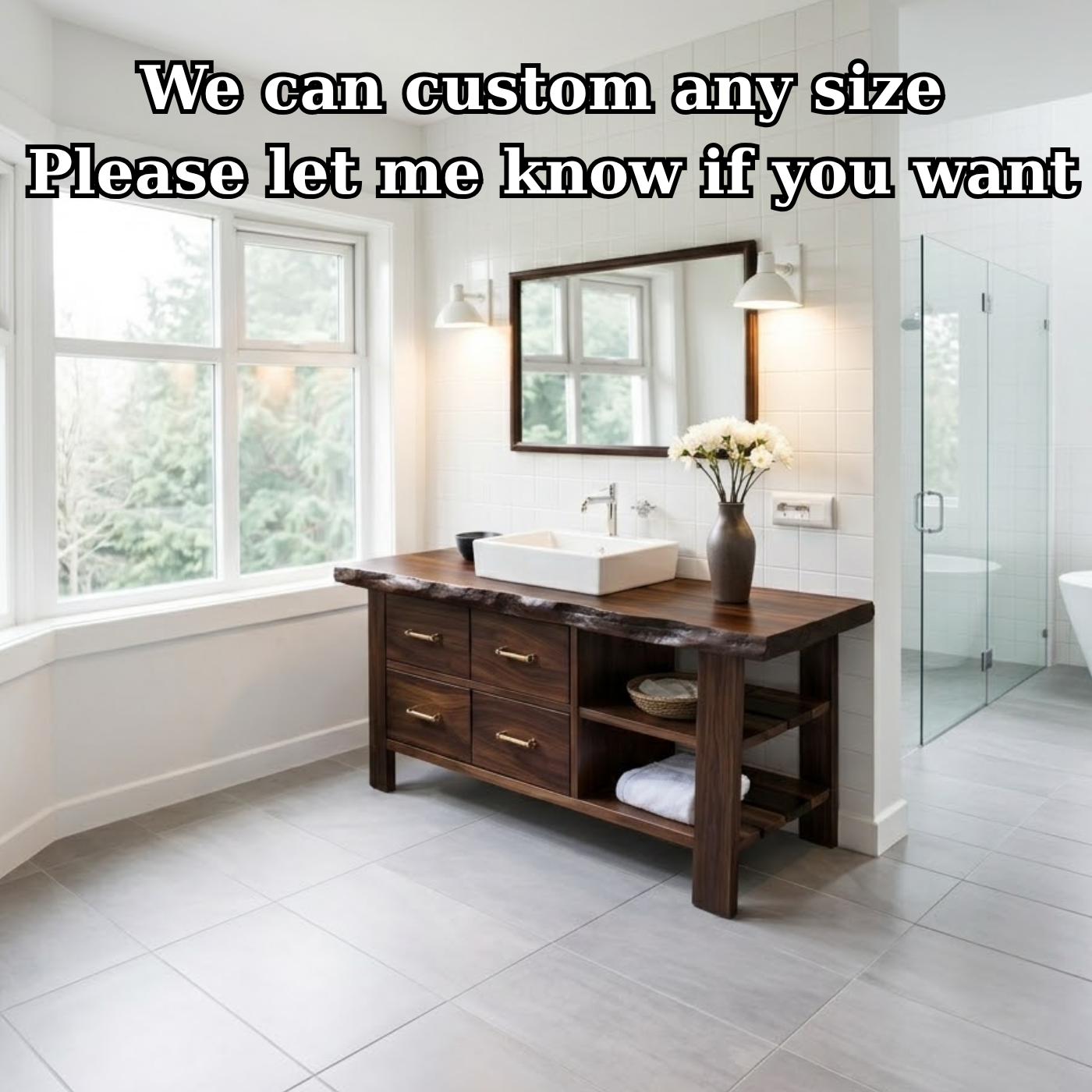 Solid Wood Rustic Bathroom Vanity with Drawers & Open Shelf – Live Edge Vanity Cabinet