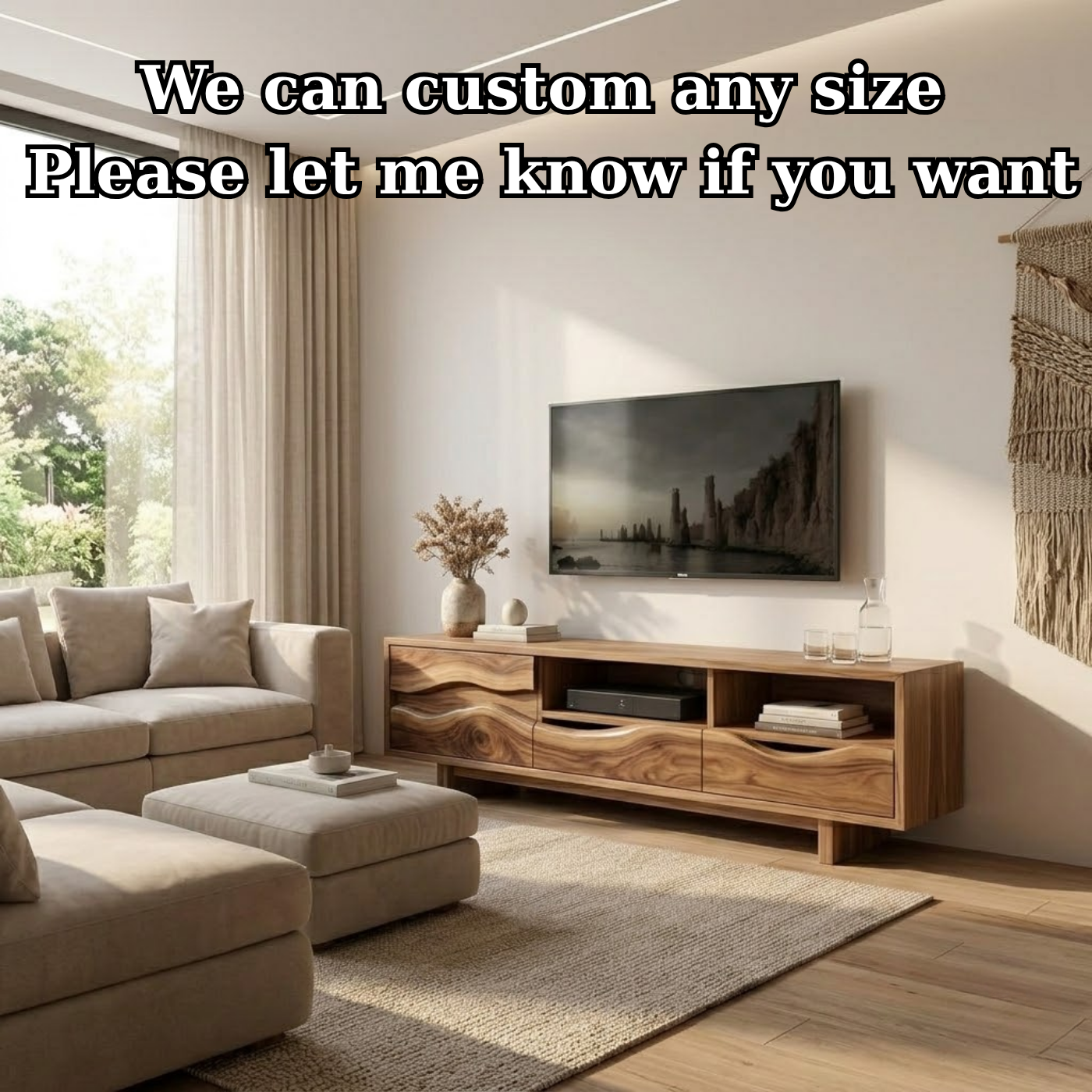 Solid Wood TV Stand with Wave Carved Drawers – Modern Rustic Media Console