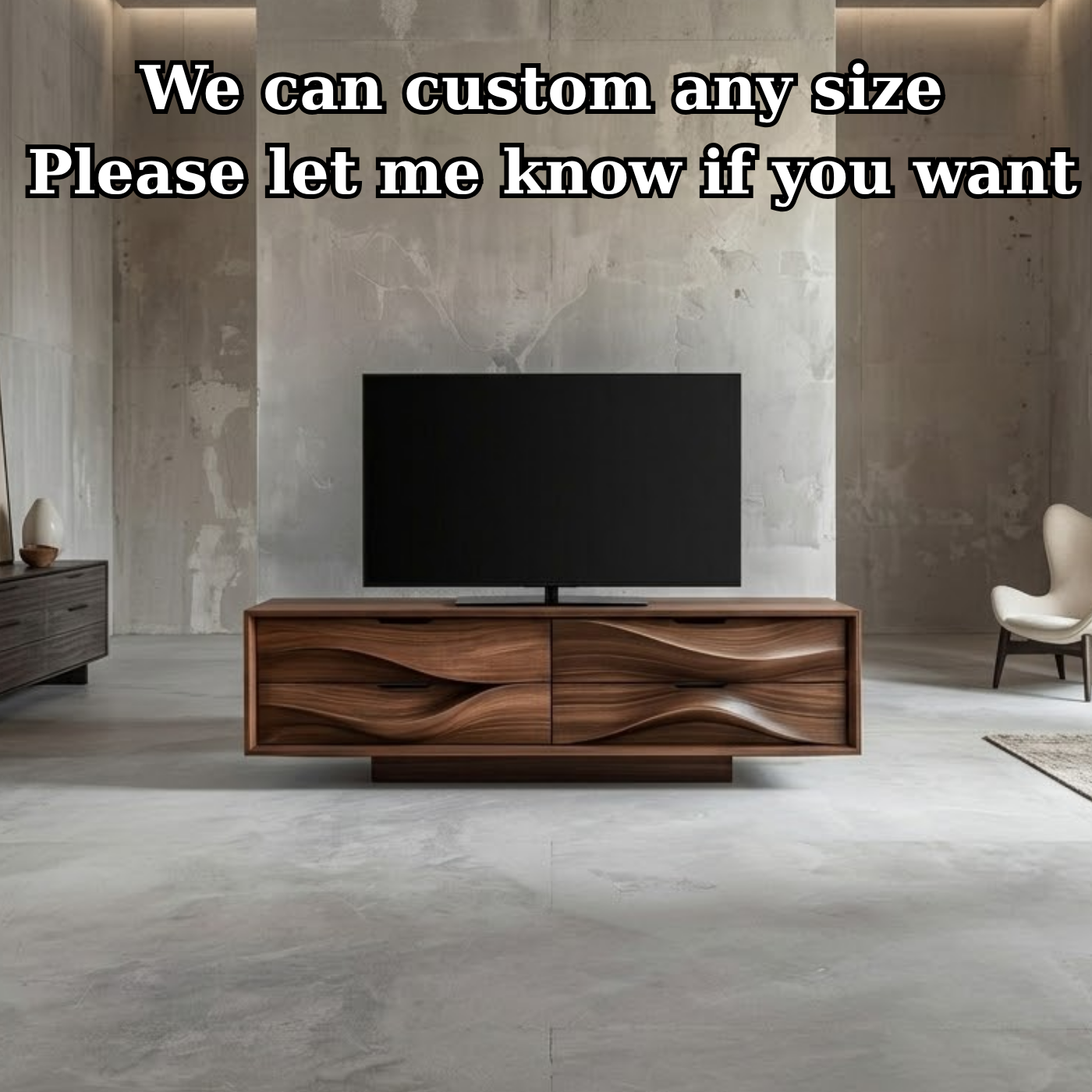 Solid Wood TV Stand with Sculpted Wave Doors – Modern Minimalist Media Console