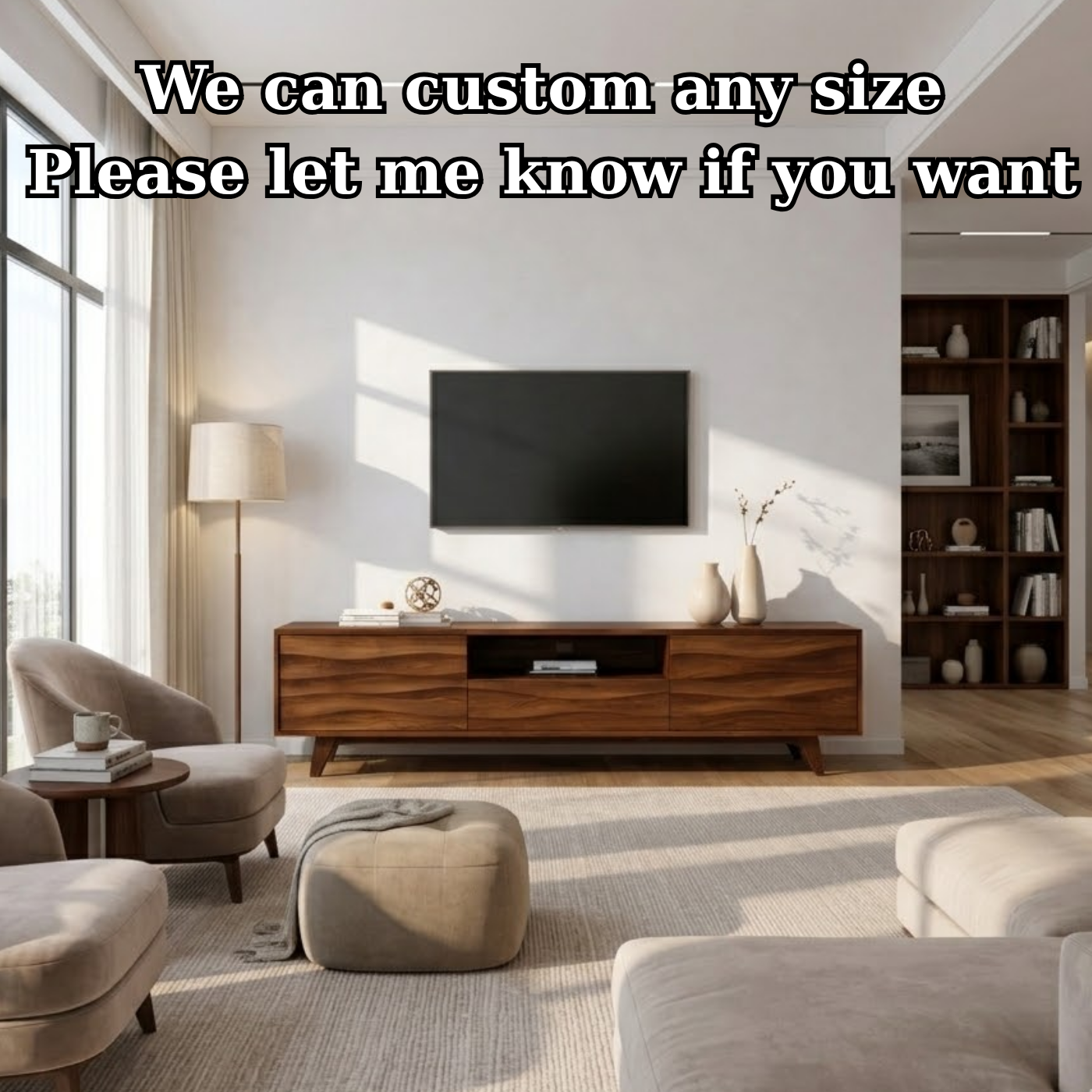 Solid Wood TV Stand with Wave Pattern Doors – Modern Rustic Media Console