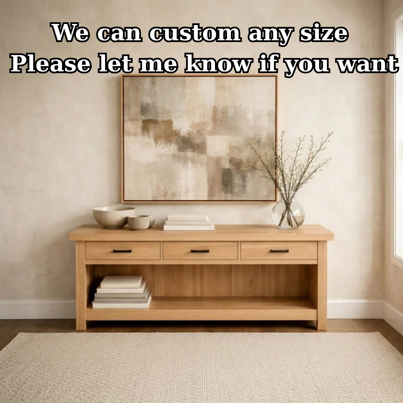 Handcraft Solid Wood Console Table with Drawers and Open Shelf