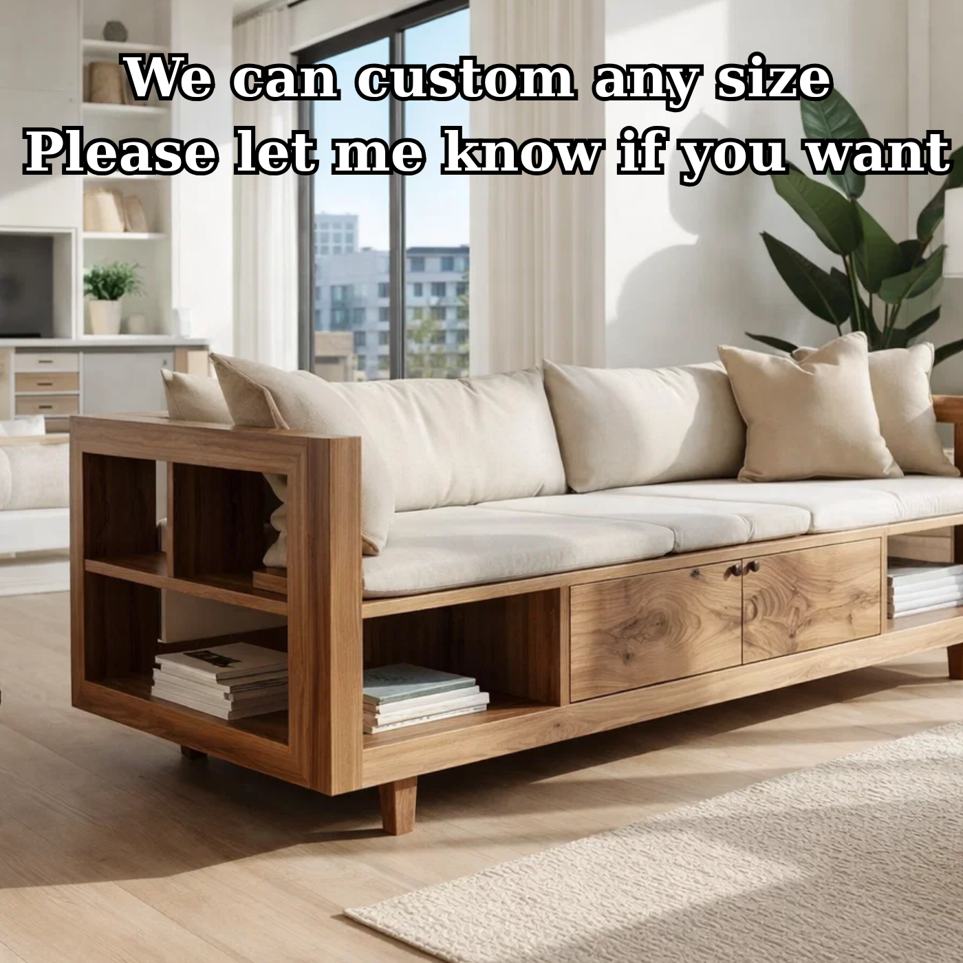 Solid Wood Storage Sofa – Modern Wooden Sofa with Shelves and Drawers
