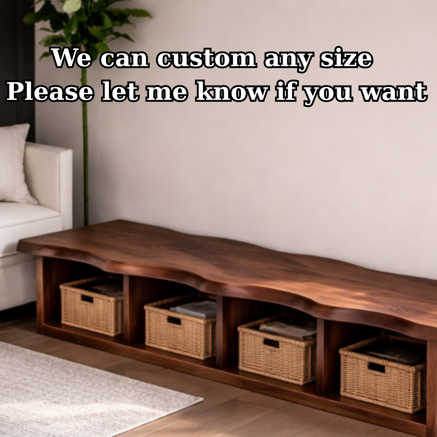 Solid Wood Storage Bench – Live Edge Wooden Bench with Open Cubby Shelves