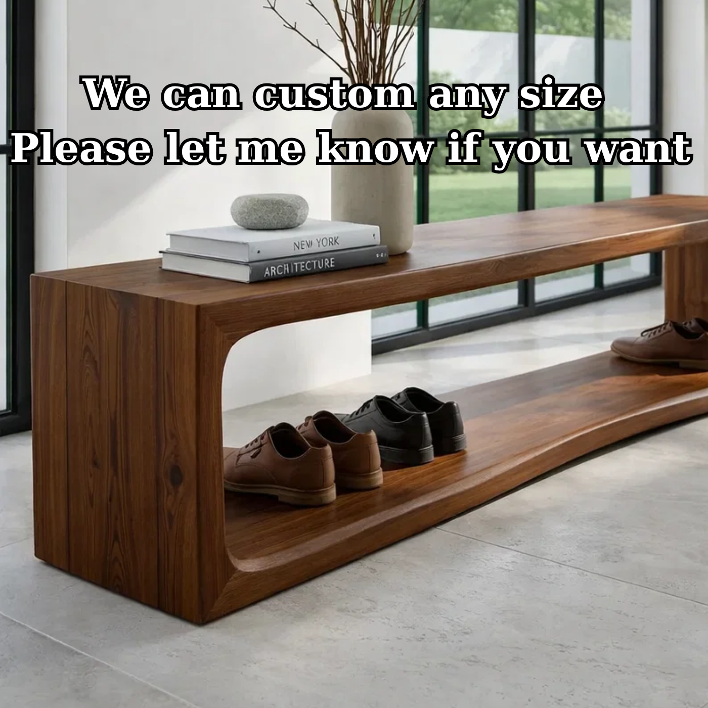 Solid Wood Console Table – Modern Waterfall Wood Console with Open Shelf