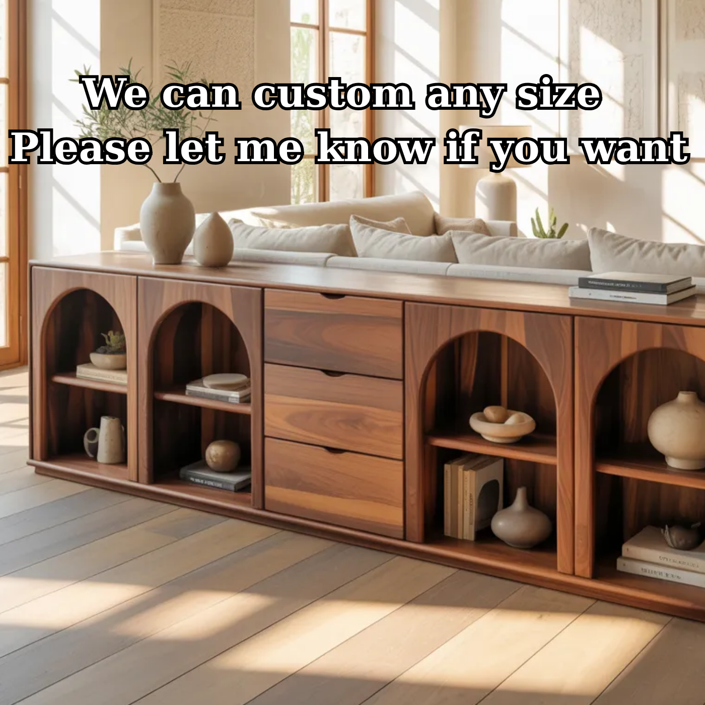 Solid Wood Console Table with Arched Shelves and Center Drawer Storage for Living Room