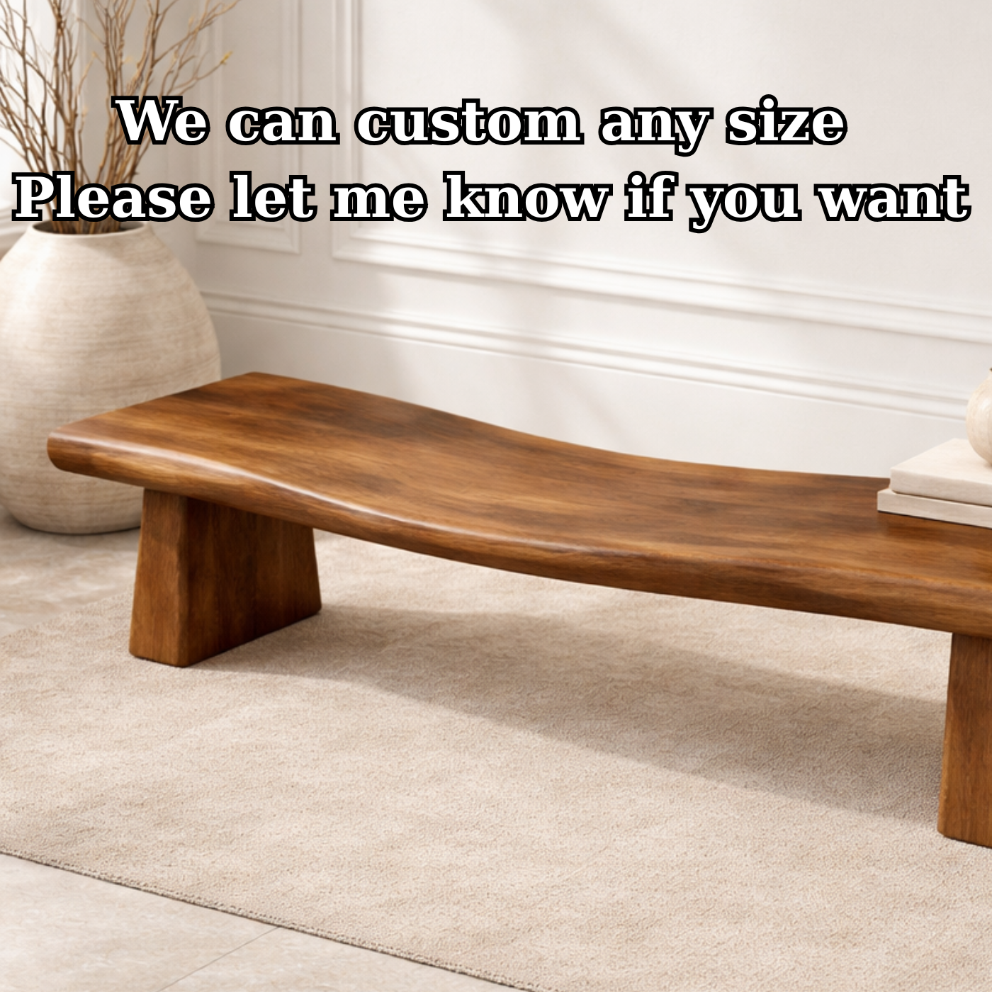 Handcrafted Solid Wood Curved Bench with Sculptural Pedestal Legs