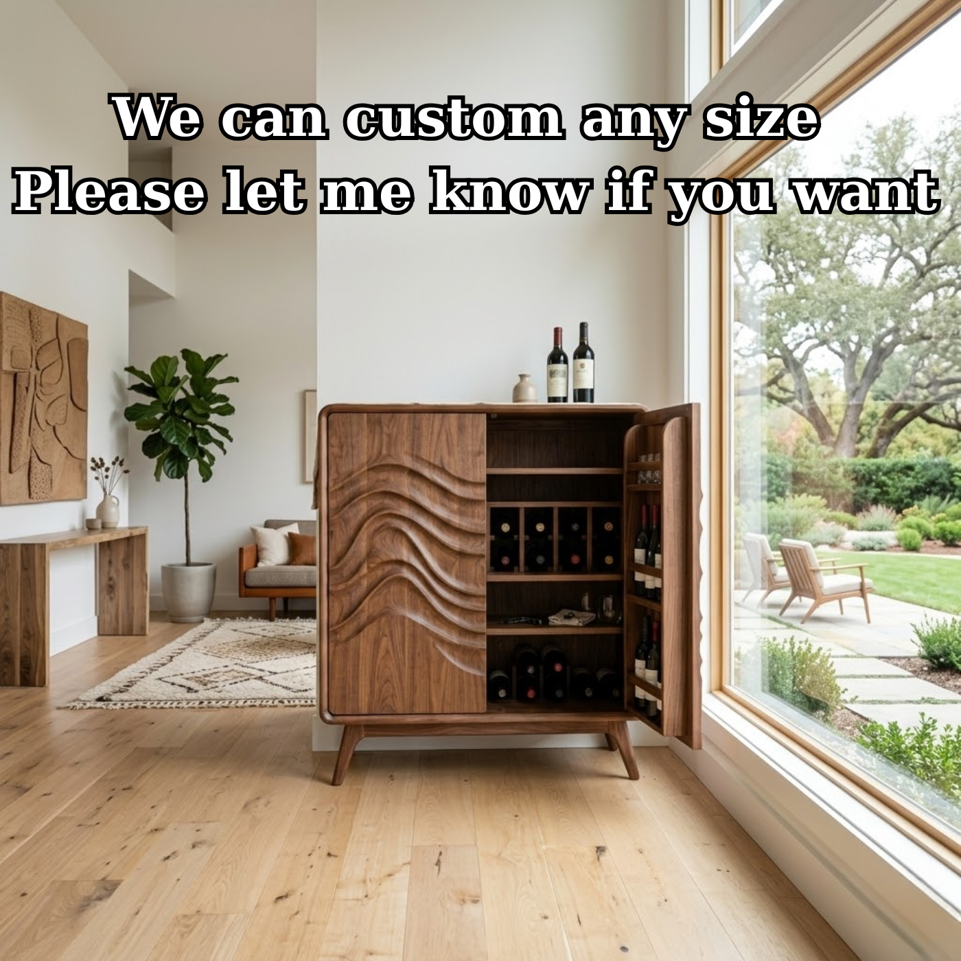 Handcrafted Solid Wood Wine Cabinet with Sculpted Wave Door and Storage Shelves