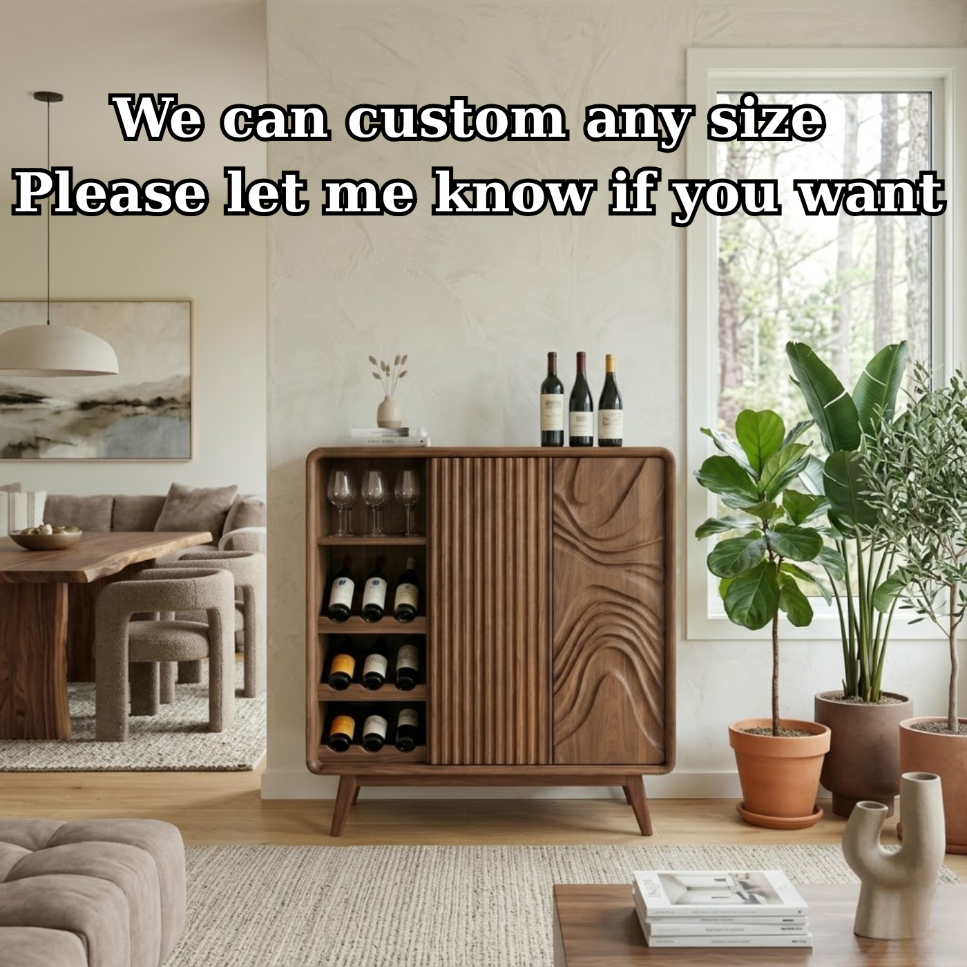 Solid Wood Wine Cabinet with Fluted Panel and Sculptural Door Design