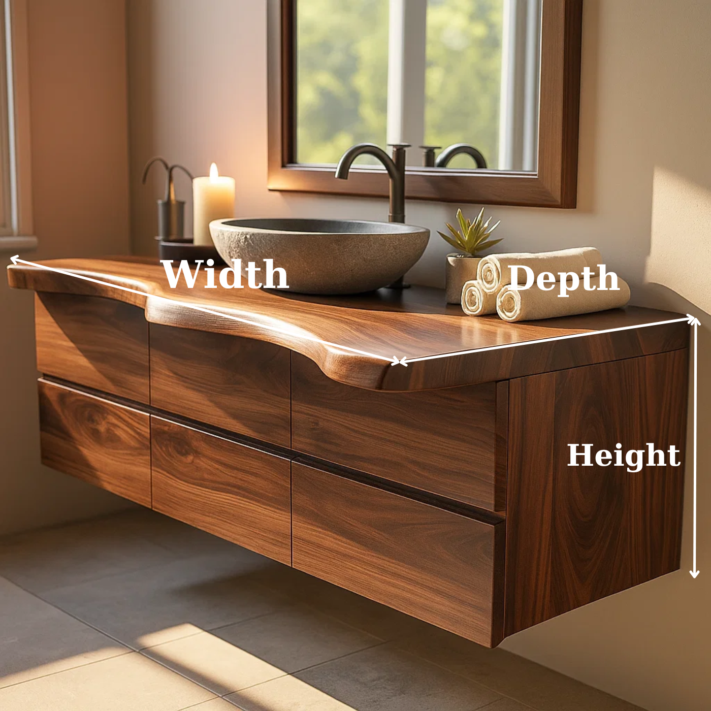 Luxury Solid Walnut Floating Bathroom Vanity with Sculpted Live Edge Countertop and Soft-Close Drawers