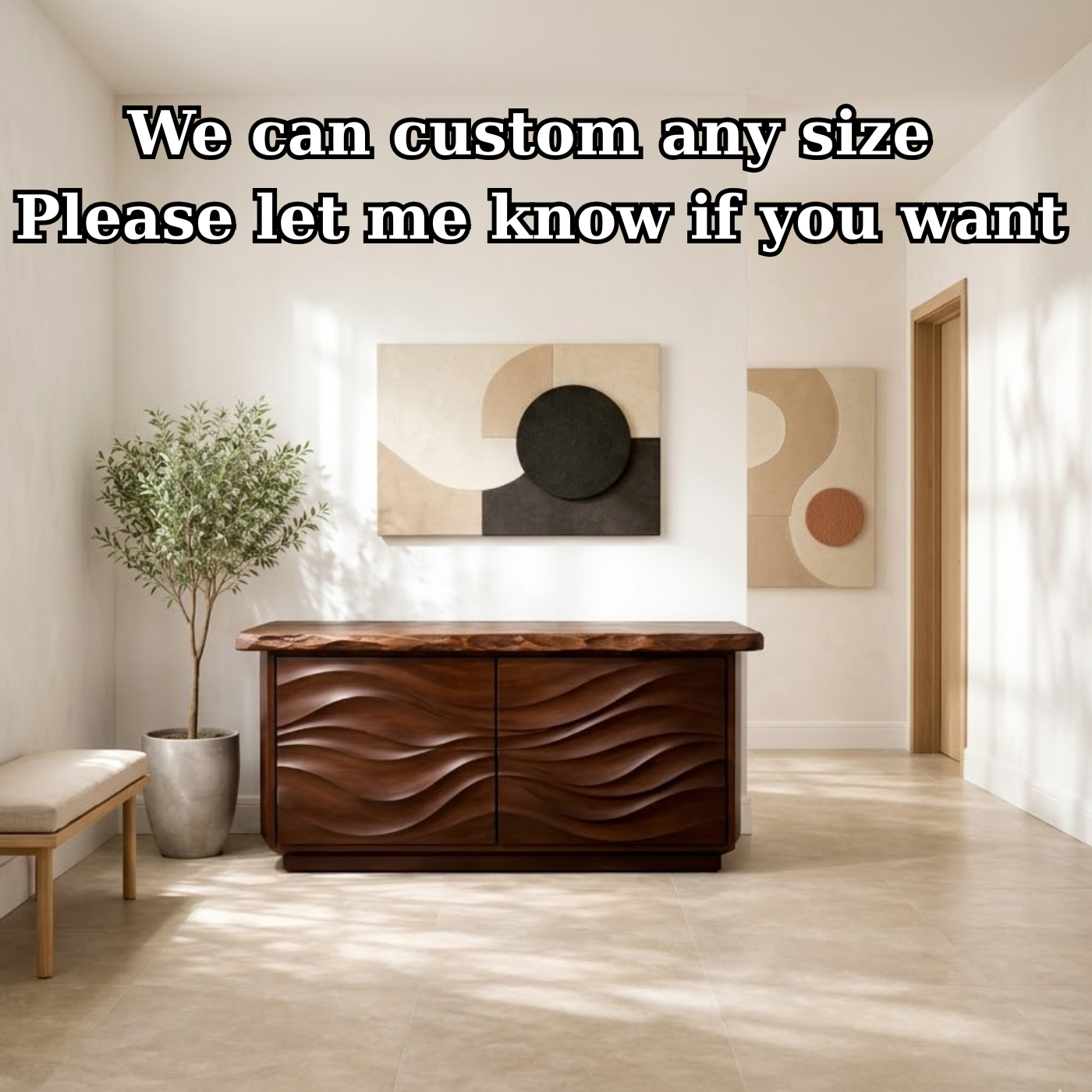 Solid Wood Console Table with Carved Wave Doors – Modern Sculptural Entryway Cabinet