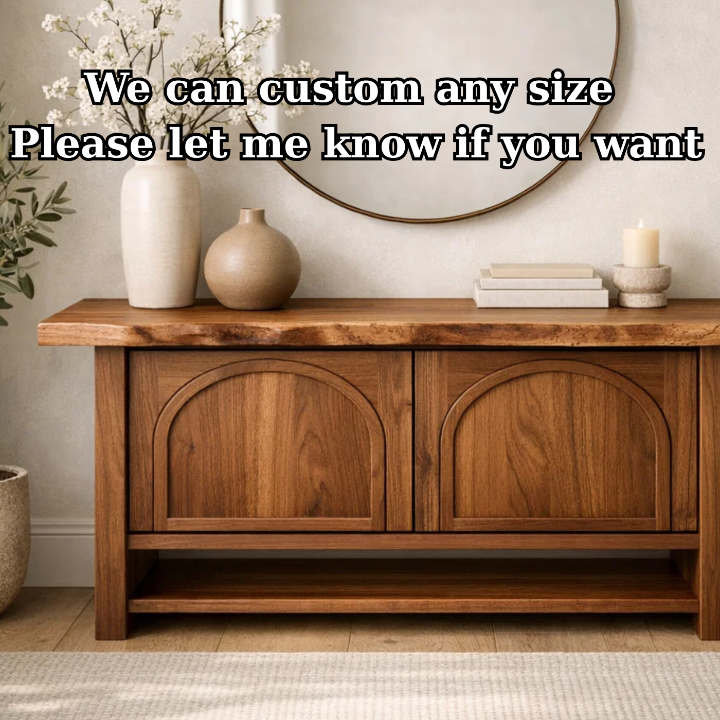 Solid Wood Console Cabinet – Rustic Entryway Storage Table with Arched Doors