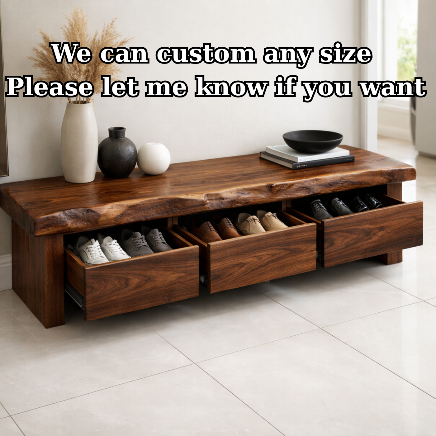 Solid Wood Entryway Bench with 3 Drawers – Hidden Shoe Storage Bench