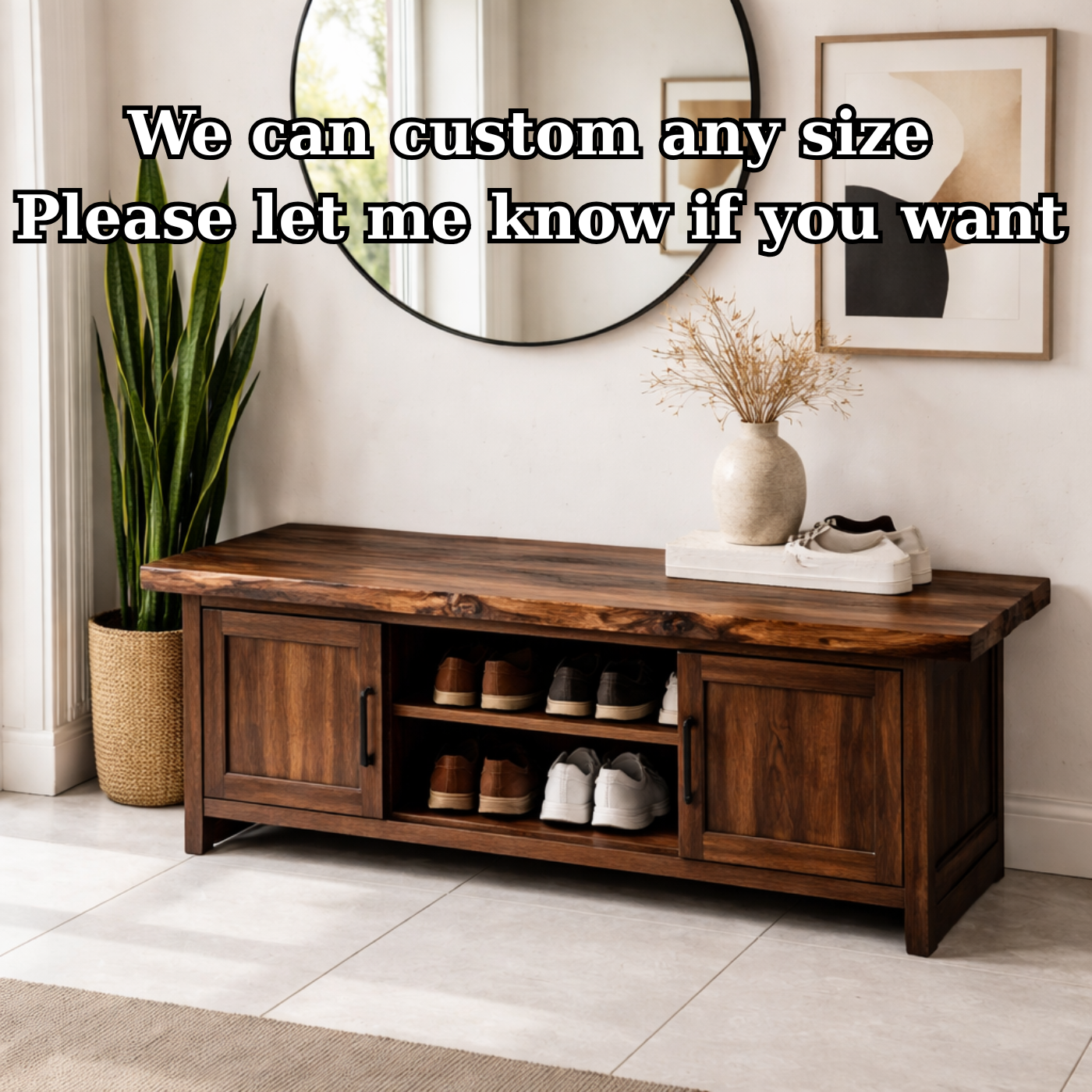 Solid Wood Entryway Bench with Cabinet & Open Shoe Storage – Rustic Modern Bench