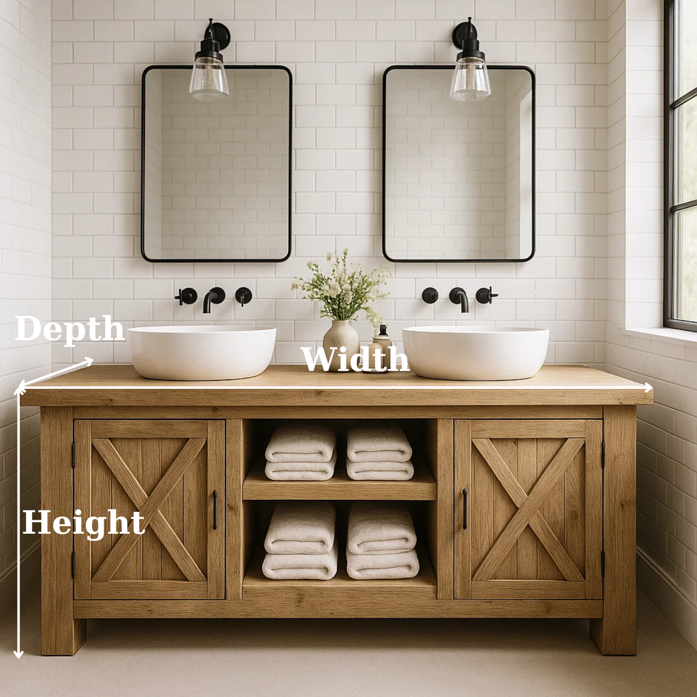 Solid Wood Double Bathroom Vanity Cabinet with Sliding Barn-Style Doors and Open Center Shelving