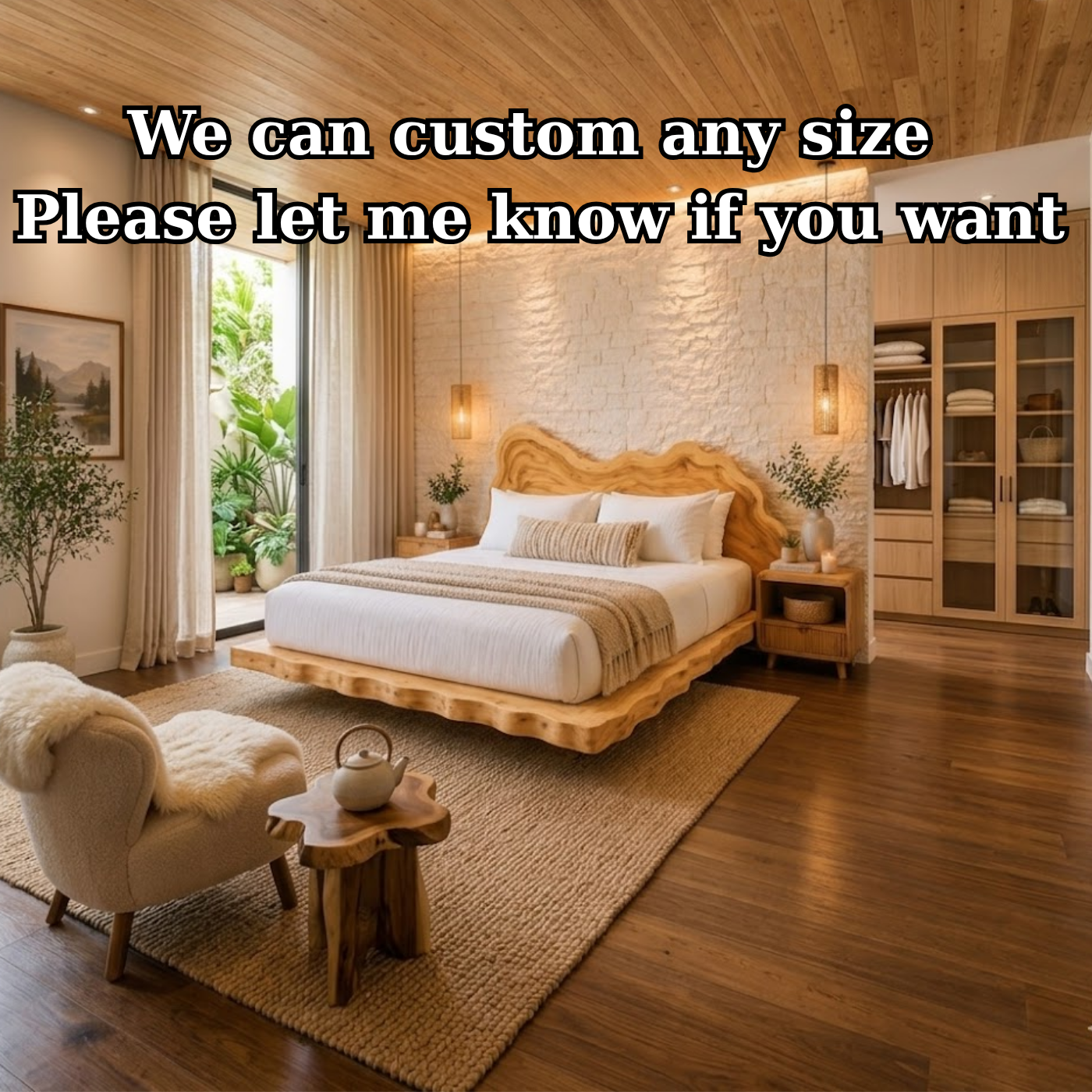 Live Edge Solid Wood Platform Bed Frame, Organic Wavy Headboard Furniture