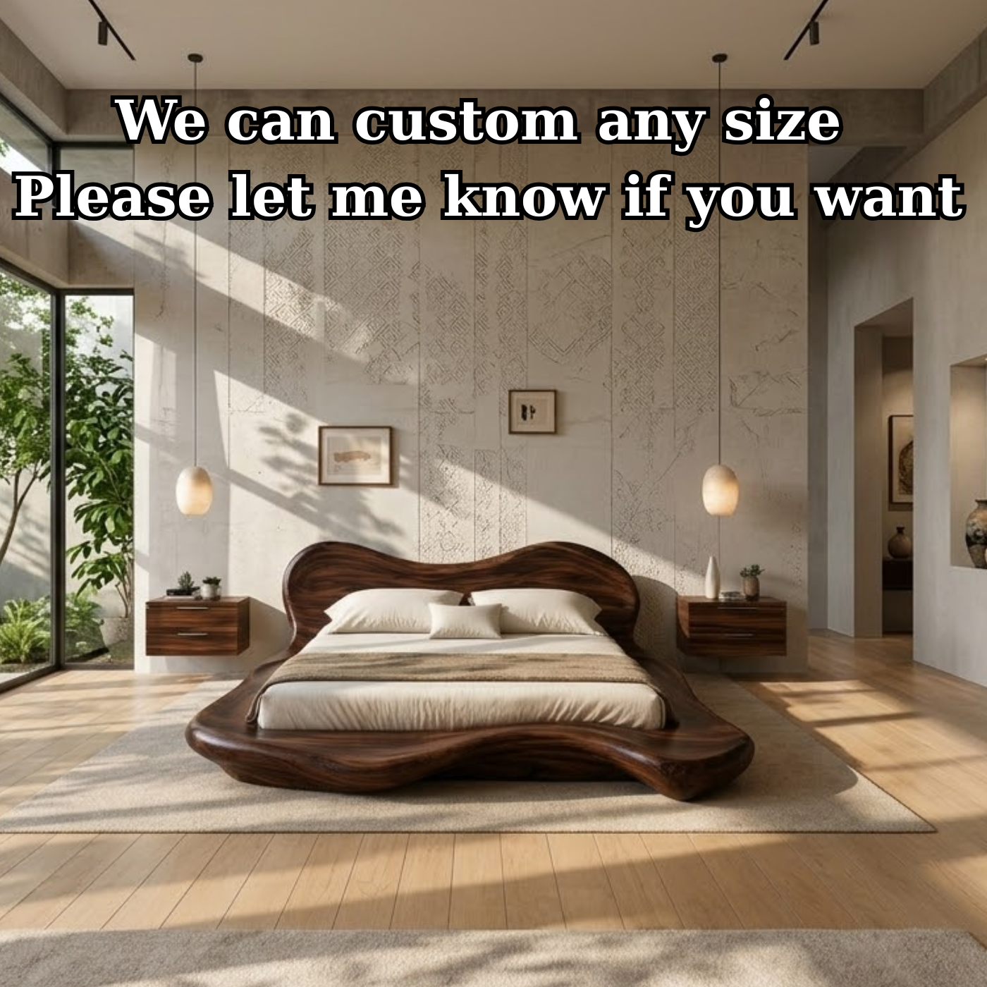 Handcrafted Solid Wood Sculptural Platform Bed, Organic Wavy Design Luxury Bed Frame