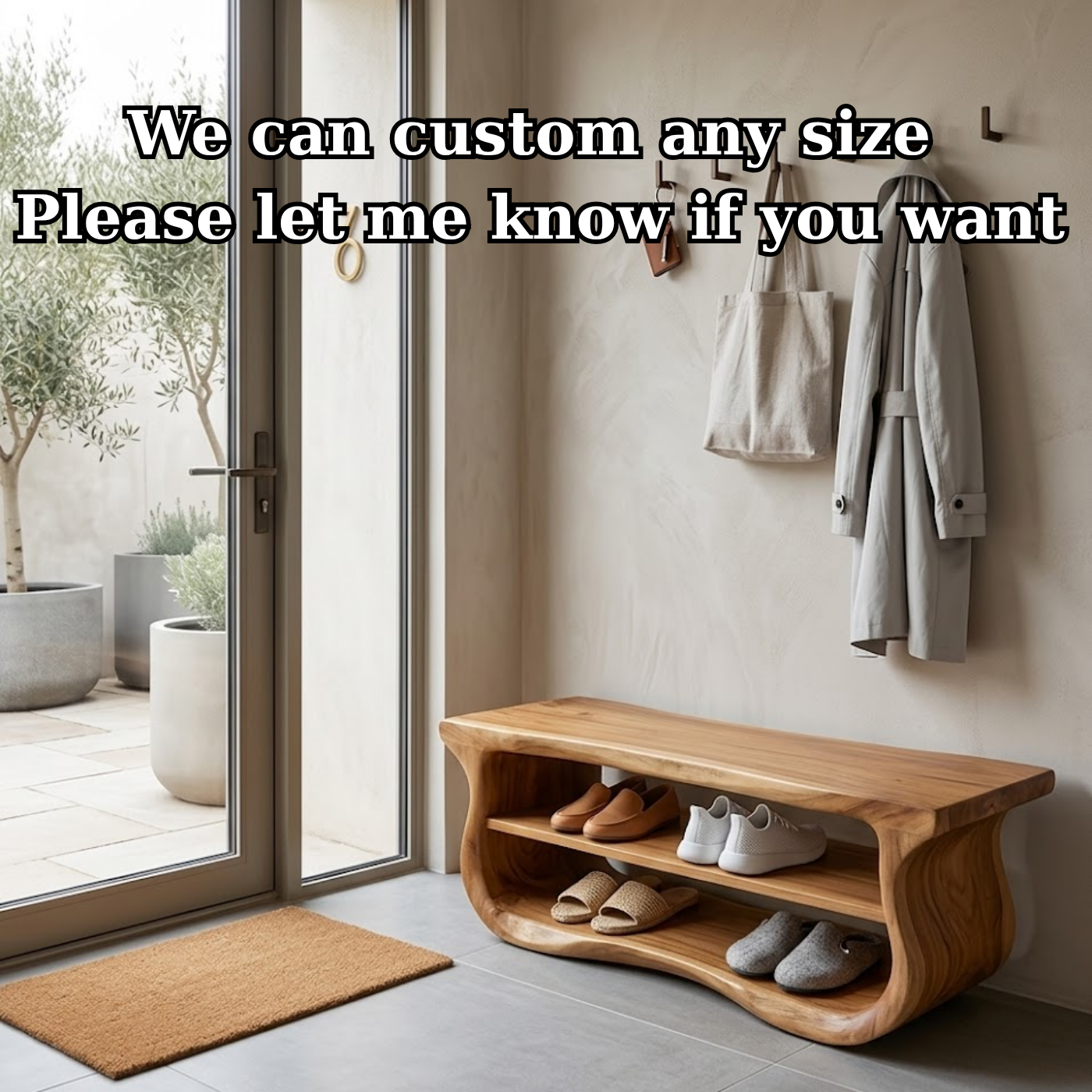 Solid Wood Entryway Bench with Shoe Storage, Organic Wavy Hallway Seating