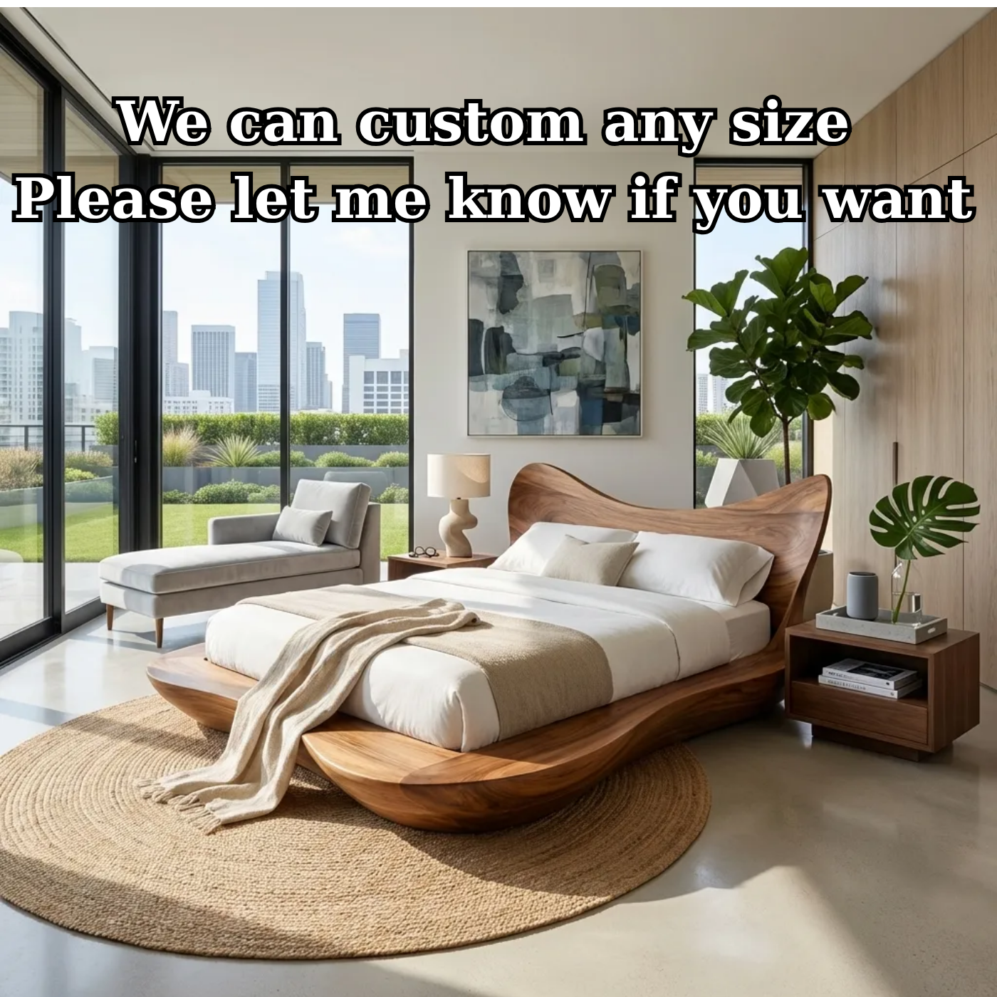 Handcrafted Solid Wood Sculptural Platform Bed, Organic Wavy Design Bed Frame