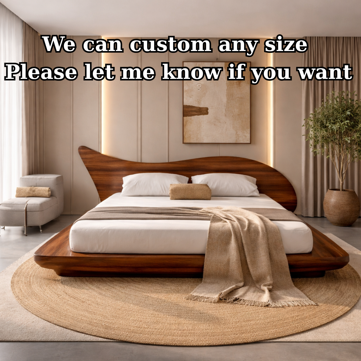 Solid Wood Platform Bed with Organic Curved Headboard – Modern Walnut Bed Frame, Luxury Minimalist Bedroom Furniture