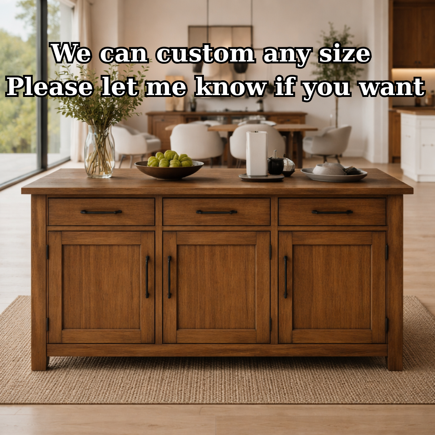 Solid Wood Kitchen Island with Cabinets & Drawers, Large Wooden Prep Table