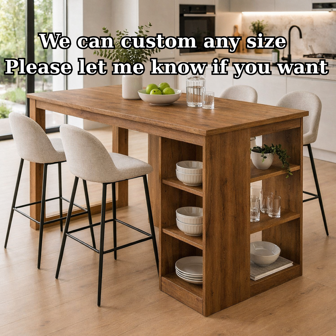 Solid Wood Kitchen Island with Open Shelves – Dining Island Table with Storage, Modern Rustic Kitchen Table