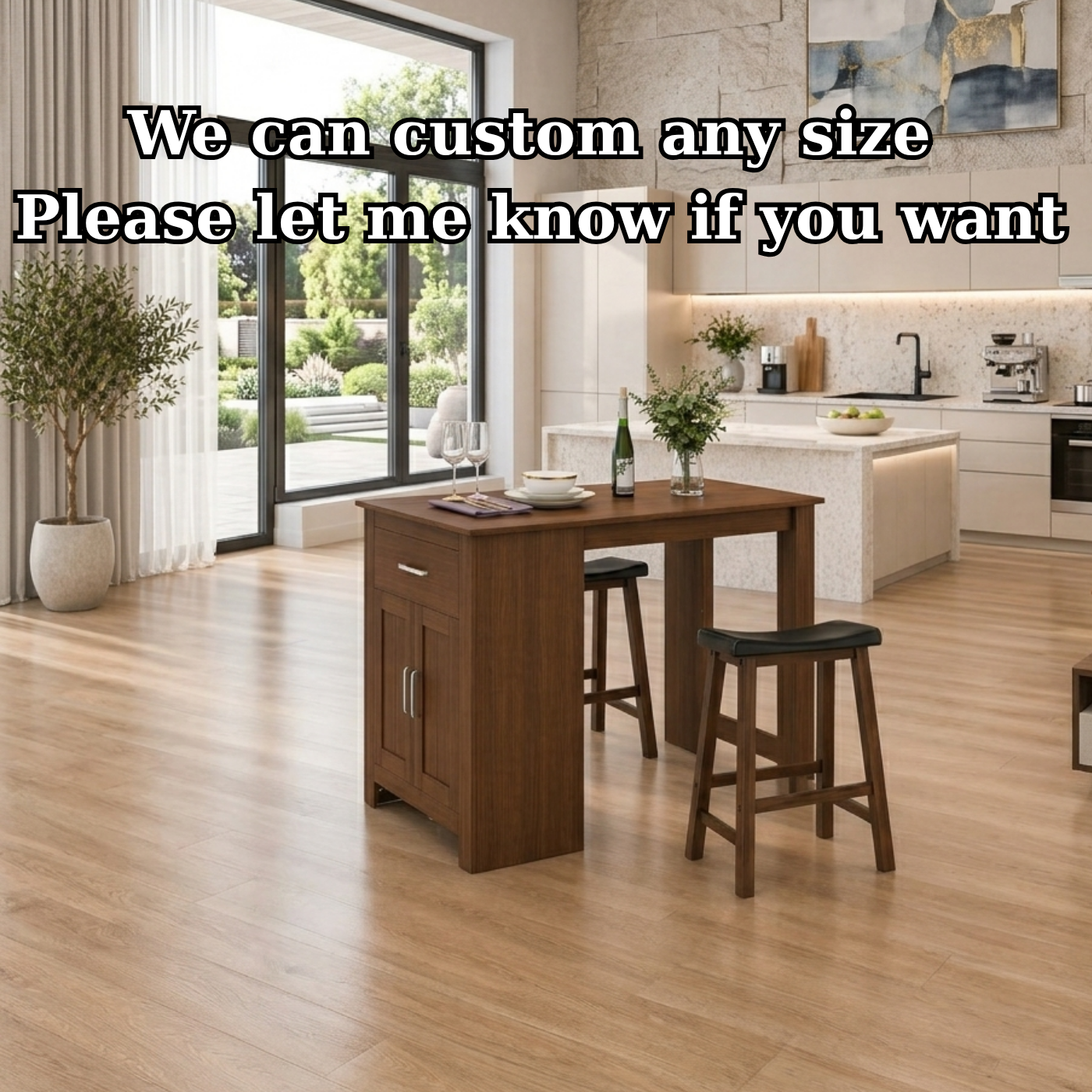 Solid Wood Kitchen Island Table with Cabinet – Walnut Dining Table with Storage, Compact Rustic Kitchen Island