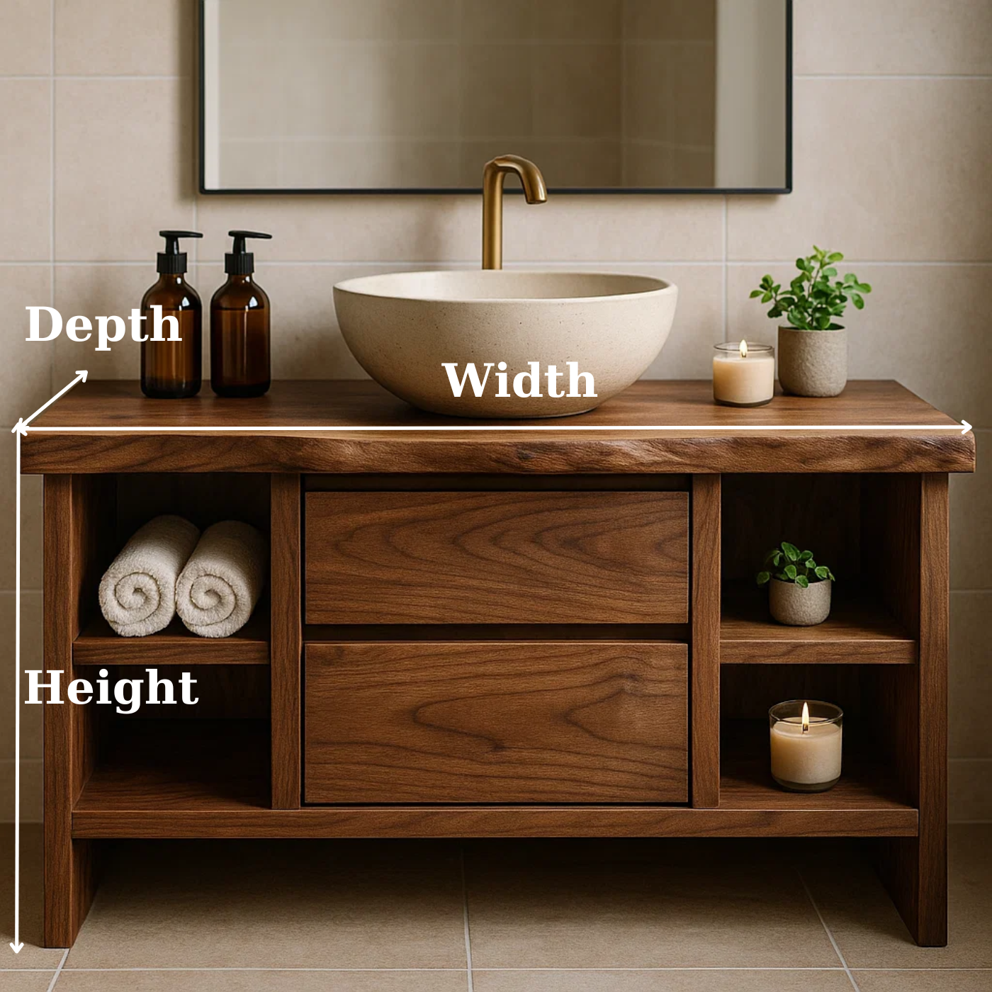 Solid Wood Bathroom Vanity with Open Shelving and Double Drawers