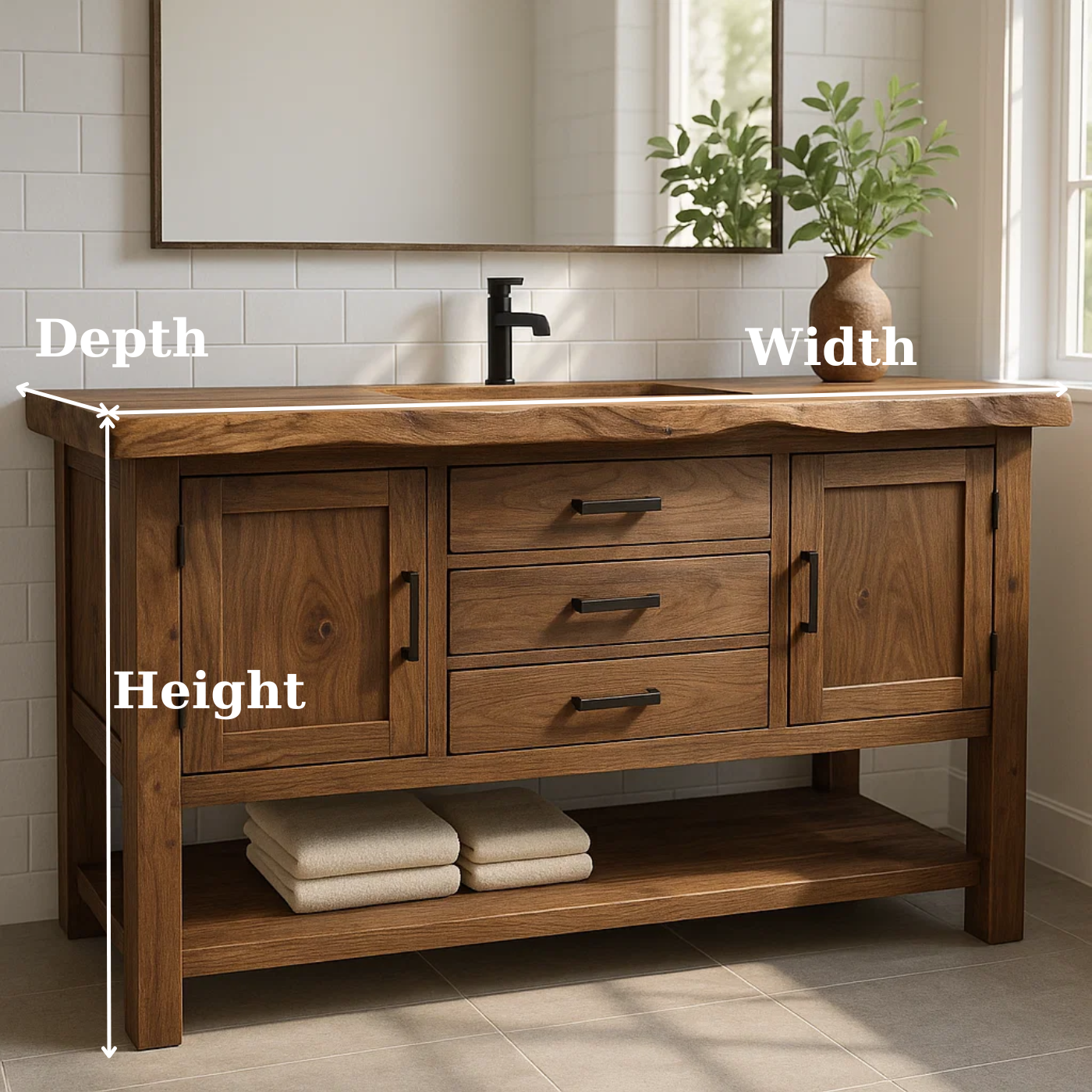 Solid Wood Bathroom Vanity with 3 Drawers, Double Door Cabinet, and Open Bottom Shelf