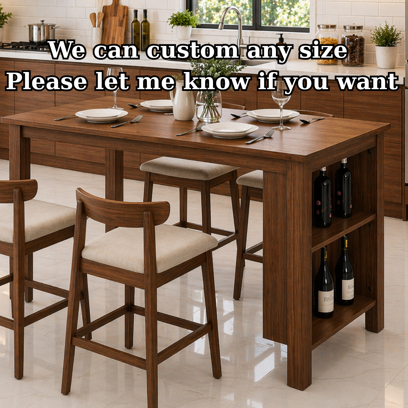 Solid Wood Kitchen Island Dining Table with Wine Rack – Oak Kitchen Table with Storage, Modern Minimalist Dining Island