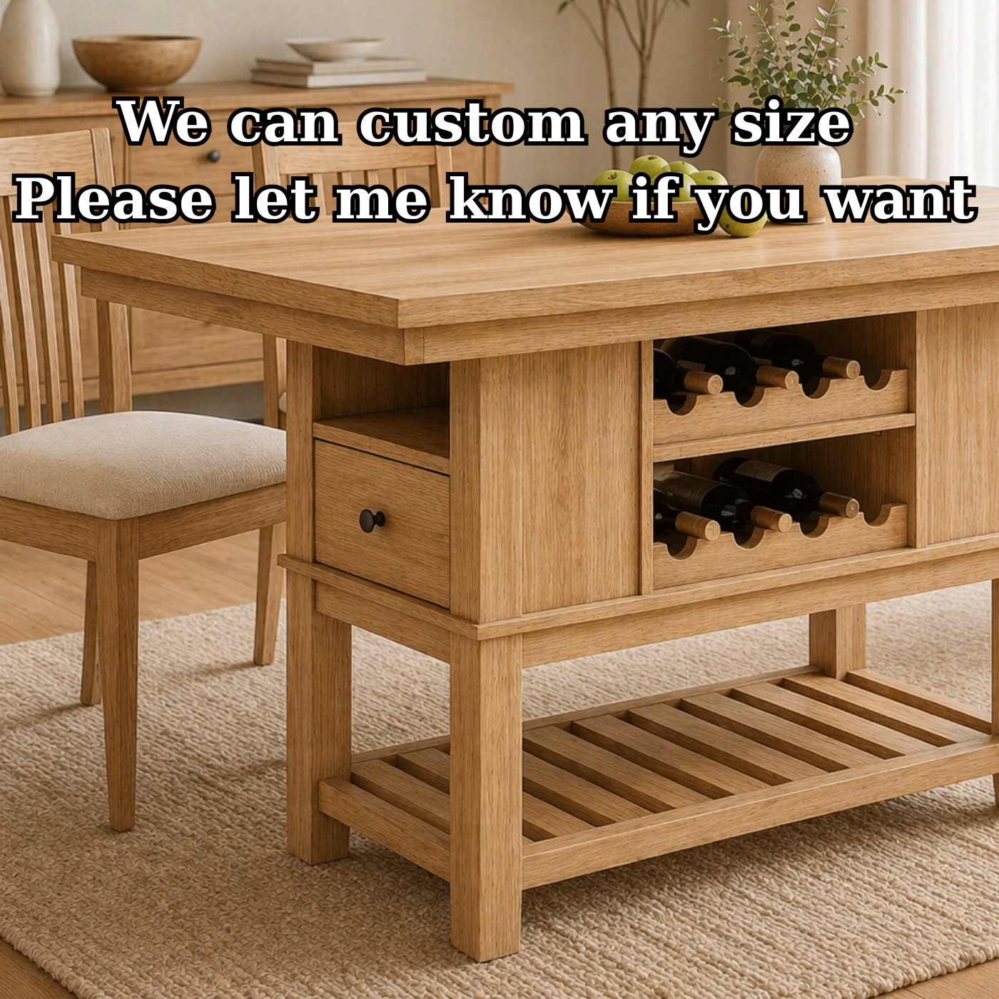 Solid Wood Kitchen Island with Wine Rack & Shelf – Dining Table with Storage, Modern Farmhouse Kitchen Island