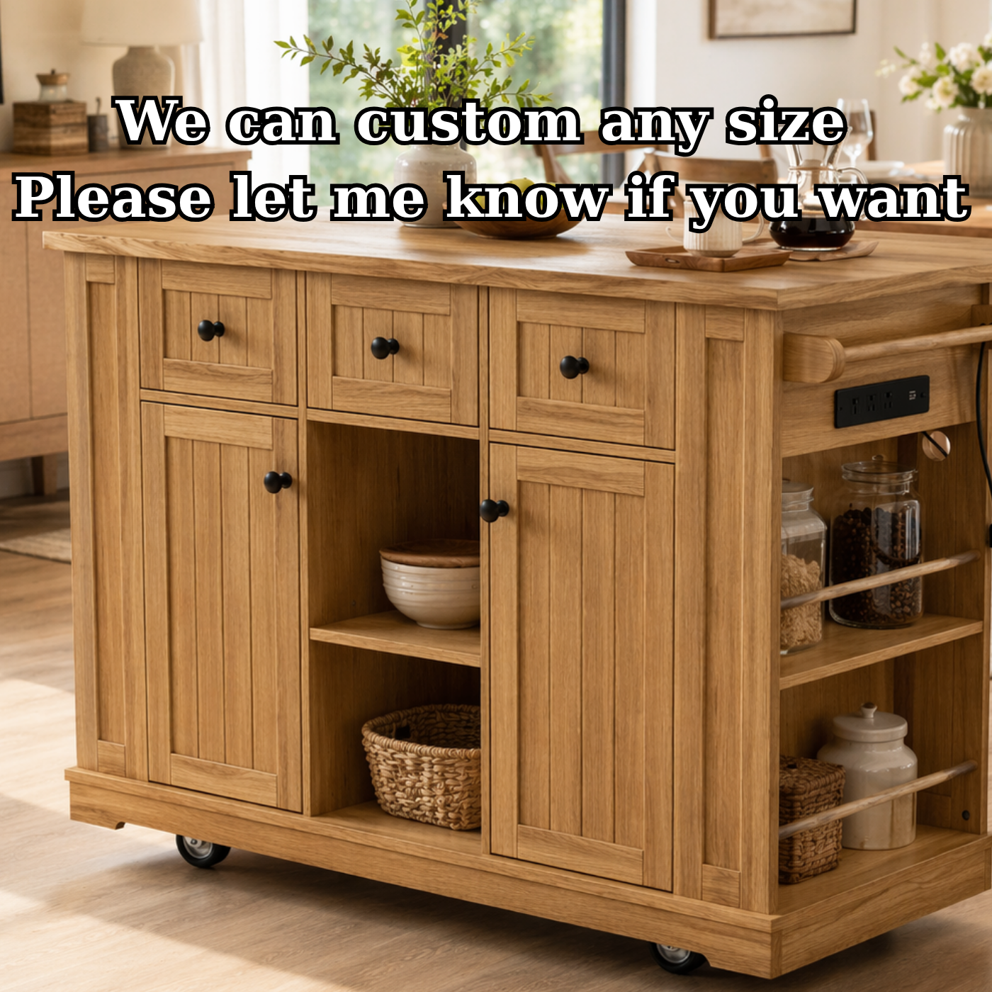 Solid Wood Kitchen Island with Storage & Power Outlet – Oak Rolling Kitchen Cart with Drawers, Cabinets & Shelves