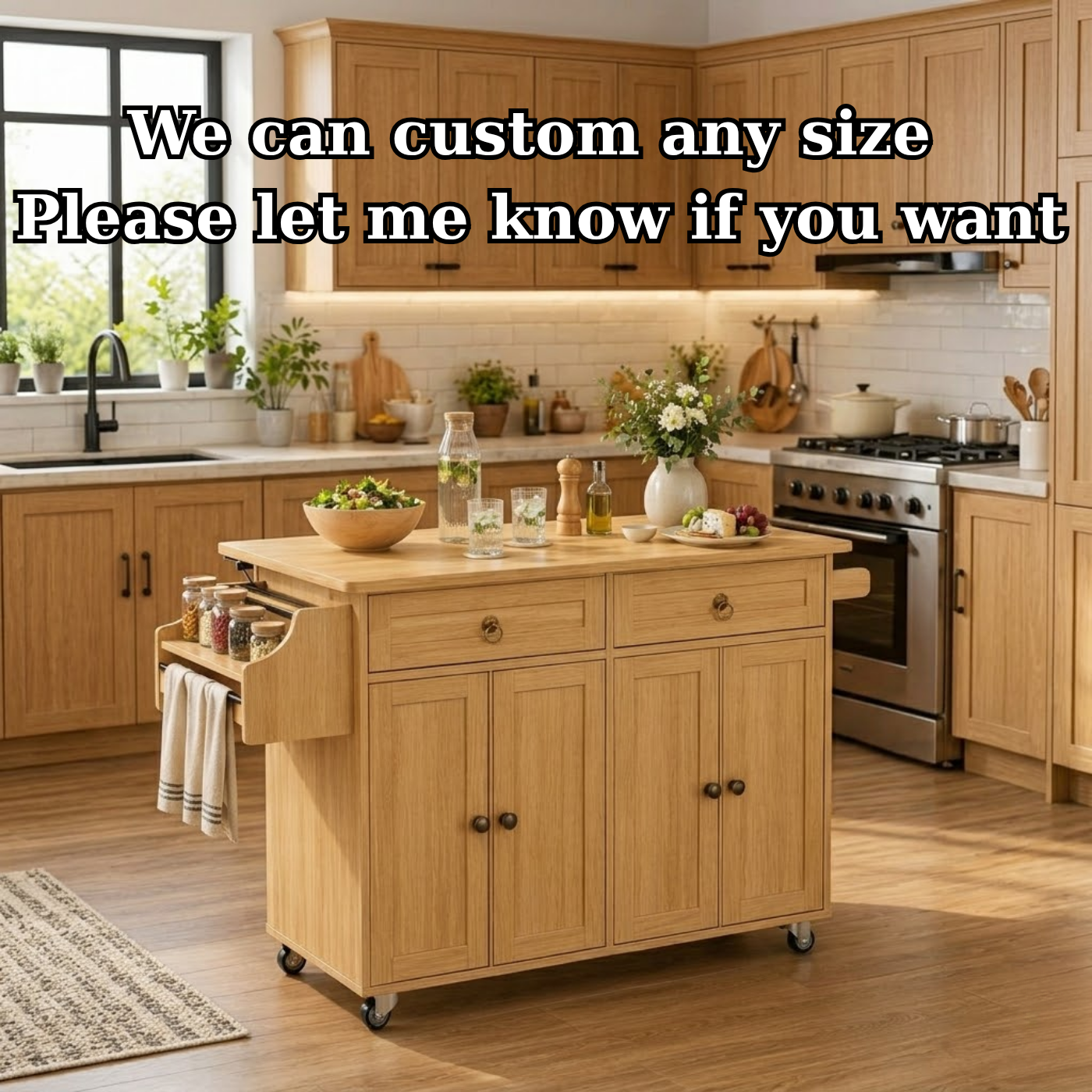 Solid Wood Kitchen Island Cart – Oak Storage Cabinet with Spice Rack & Towel Bar