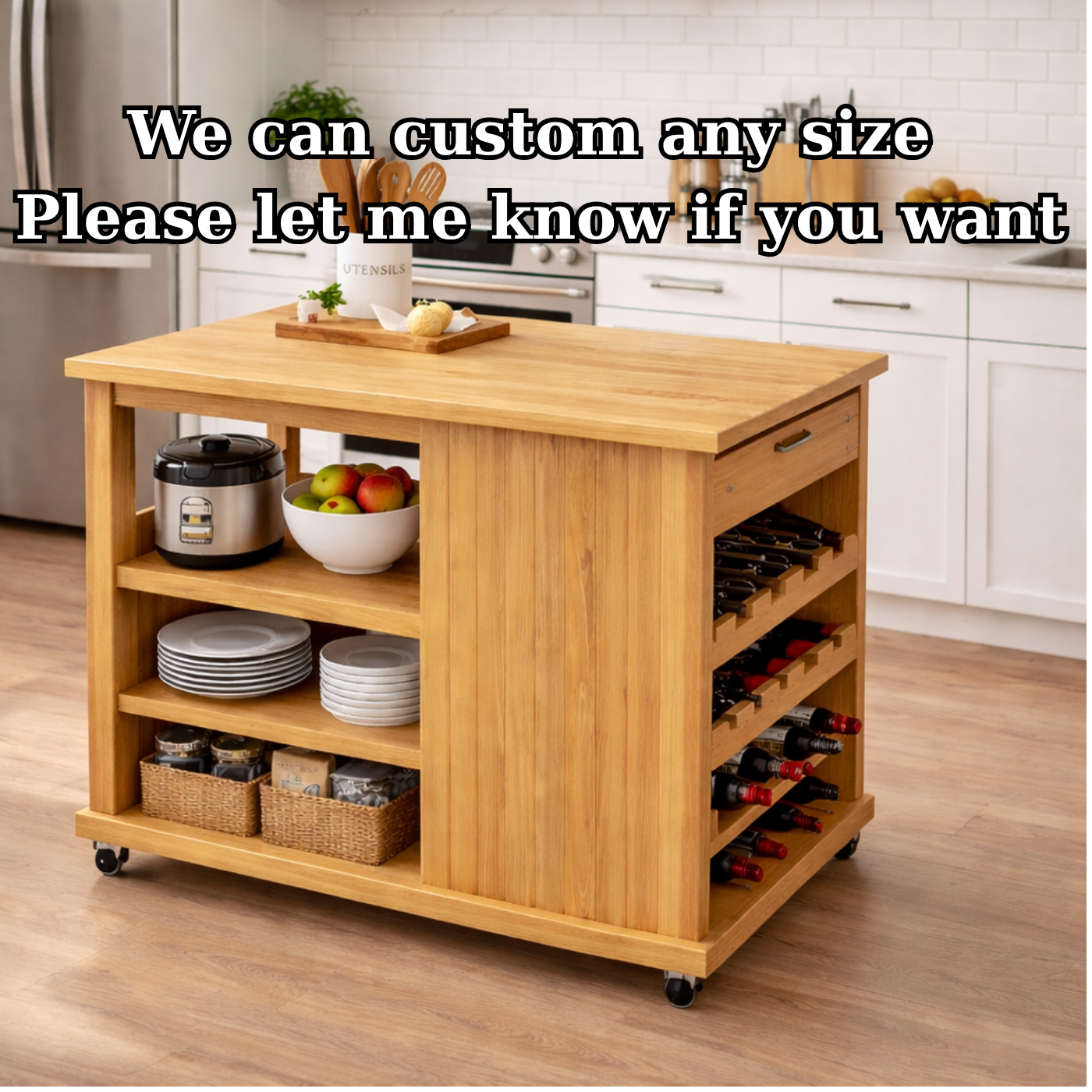Solid Wood Kitchen Island Cart with Storage – Oak Prep Table with Wine Rack